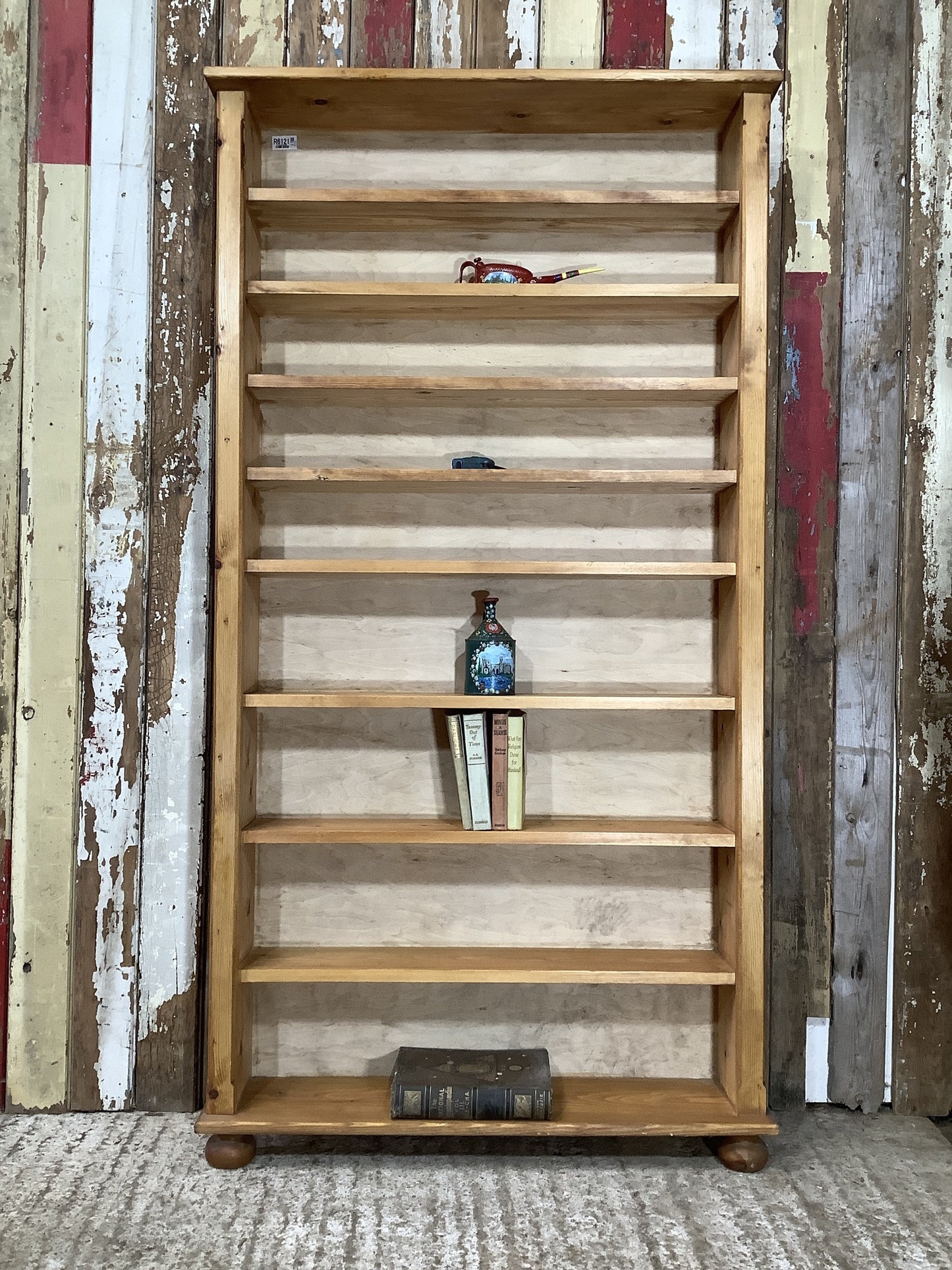 Tall Chunky Narrow Varnished Pine & Ply Bookcase 10 Shelves 5'8"H 2'11" W