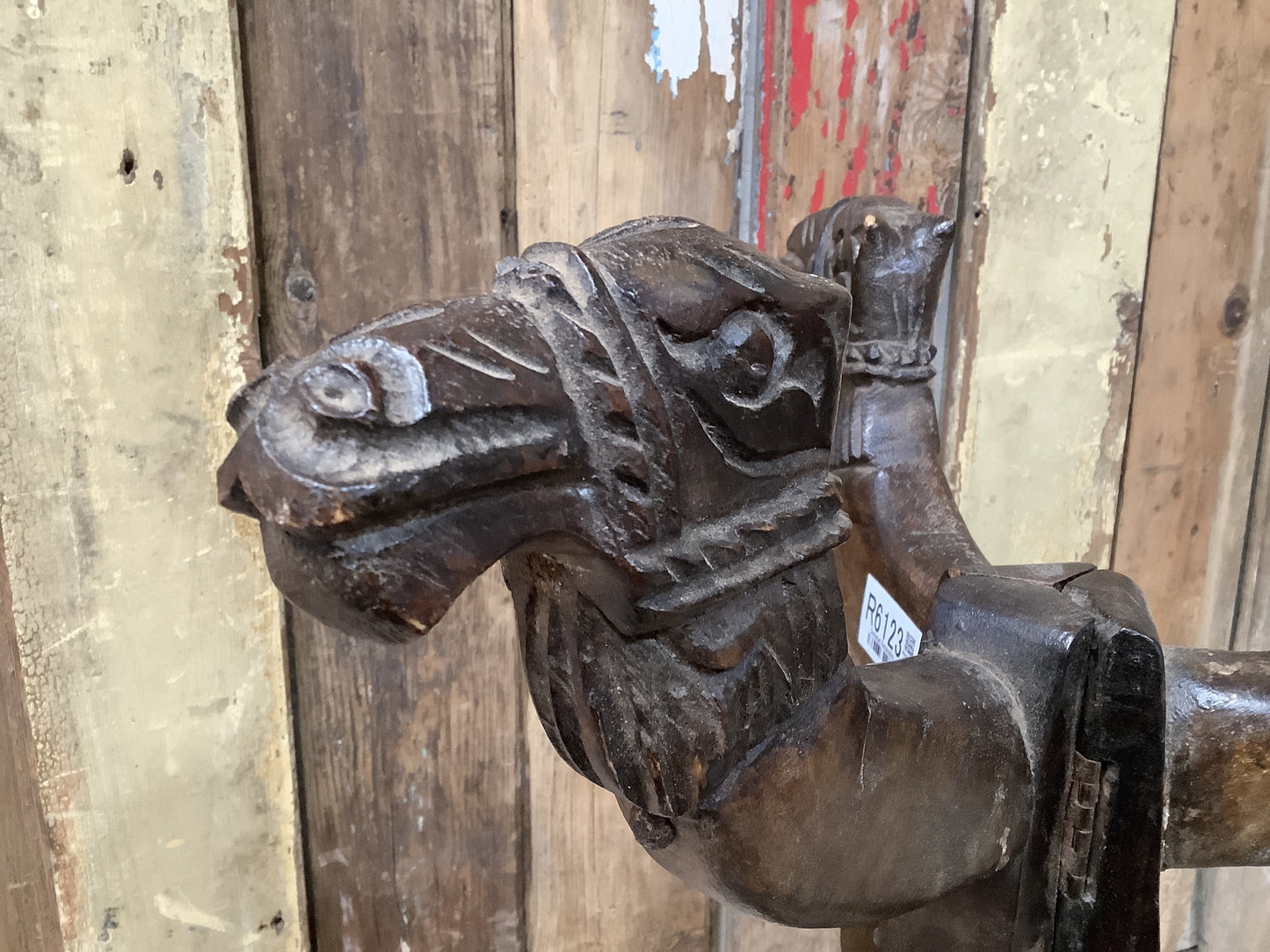 Interesting Stained Carved Camel Head Bowl Plate Stand Wooden Long 1'3" W