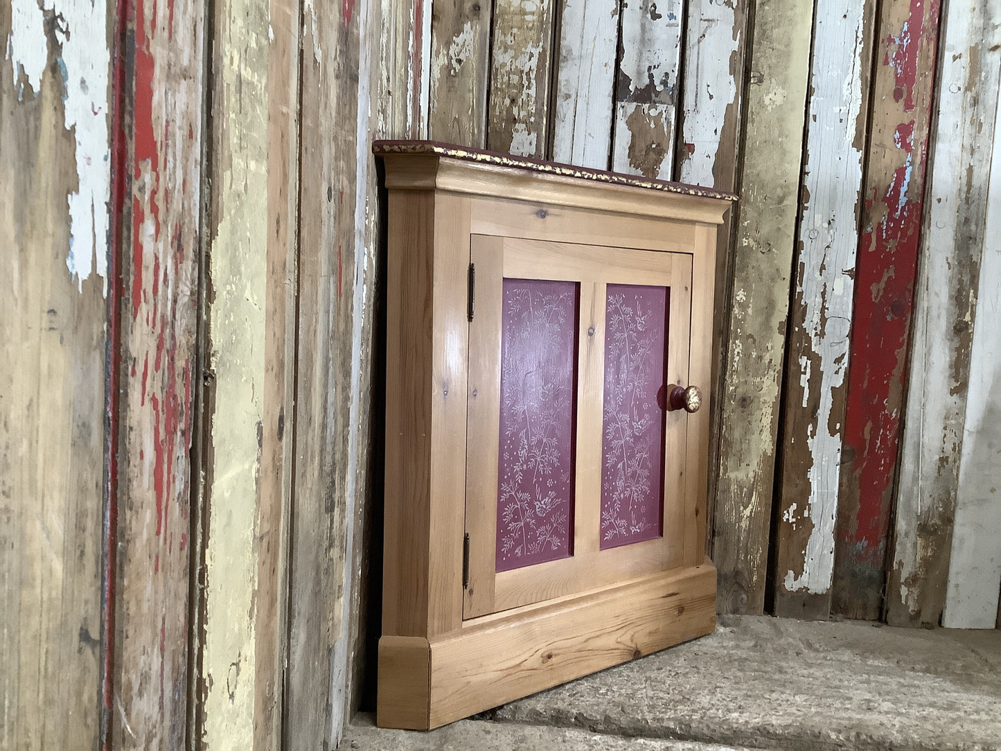 Authentic Waxed Painted Pine Storage Freestanding Corner Cupboard 2'6"H 2'5" W