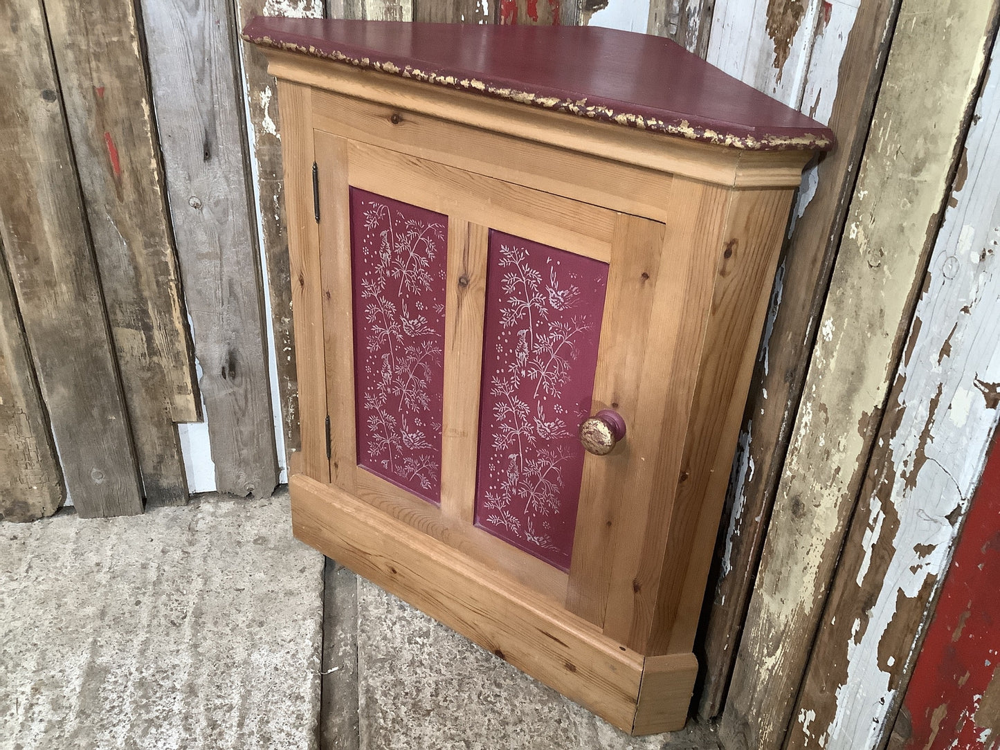 Authentic Waxed Painted Pine Storage Freestanding Corner Cupboard 2'6"H 2'5" W