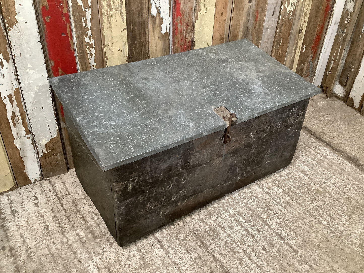 Interesting Rustic Old Painted Pine Wooden Storage Tool Box 1'8"H 3'2" W