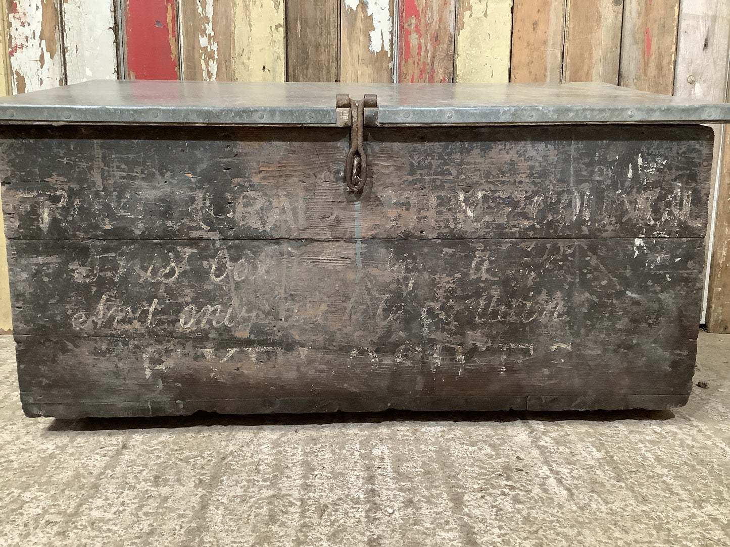 Interesting Rustic Old Painted Pine Wooden Storage Tool Box 1'8"H 3'2" W