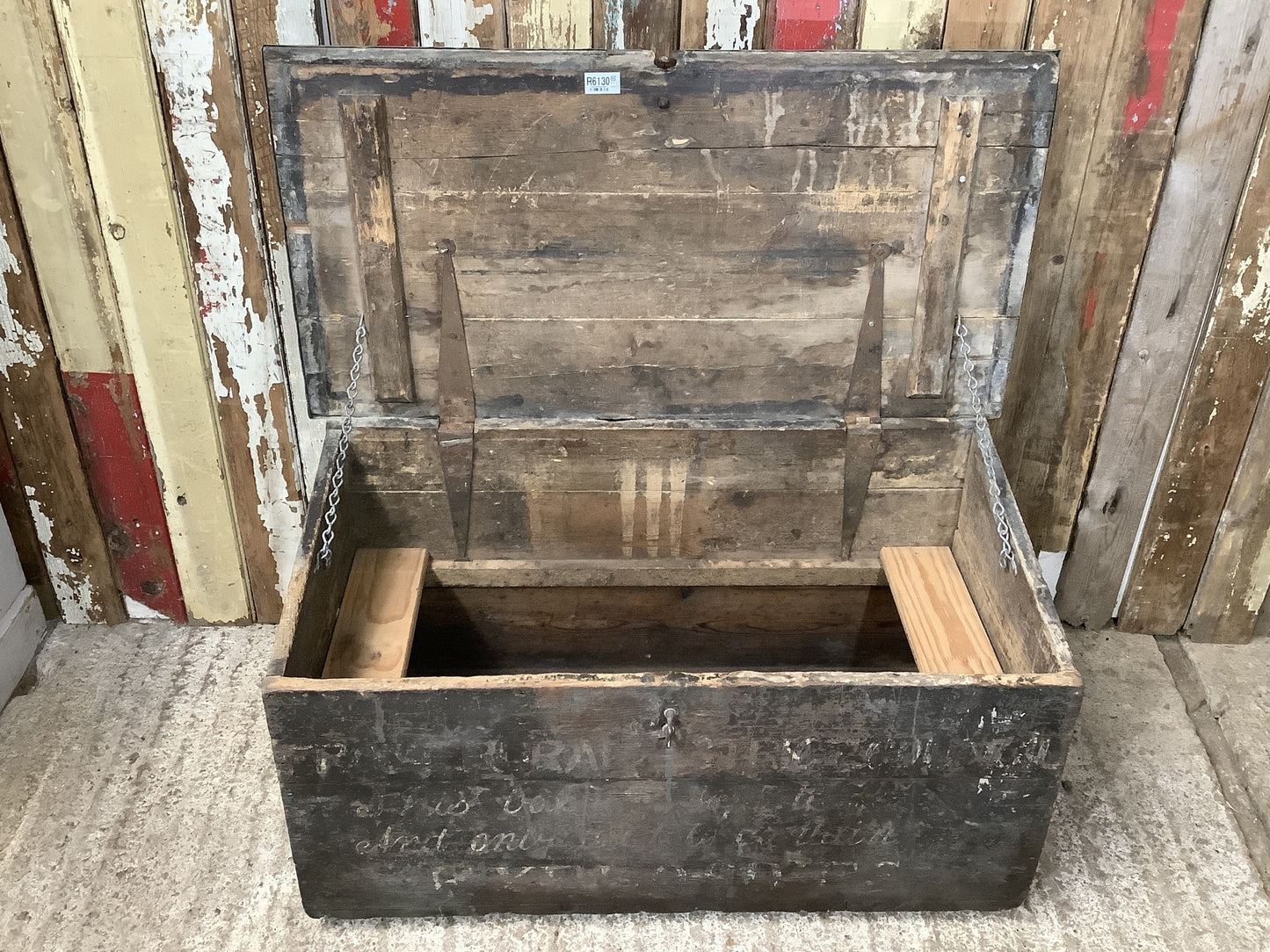 Interesting Rustic Old Painted Pine Wooden Storage Tool Box 1'8"H 3'2" W
