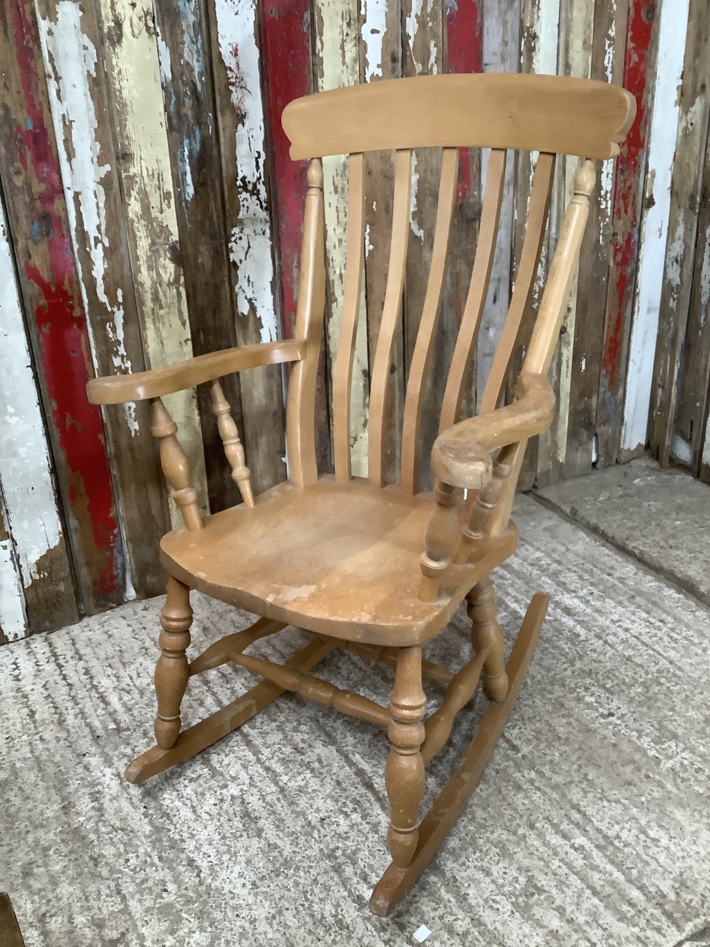 Tall Slat Back Granddad Used Old Varnished Beech Rocking Chair Wooden