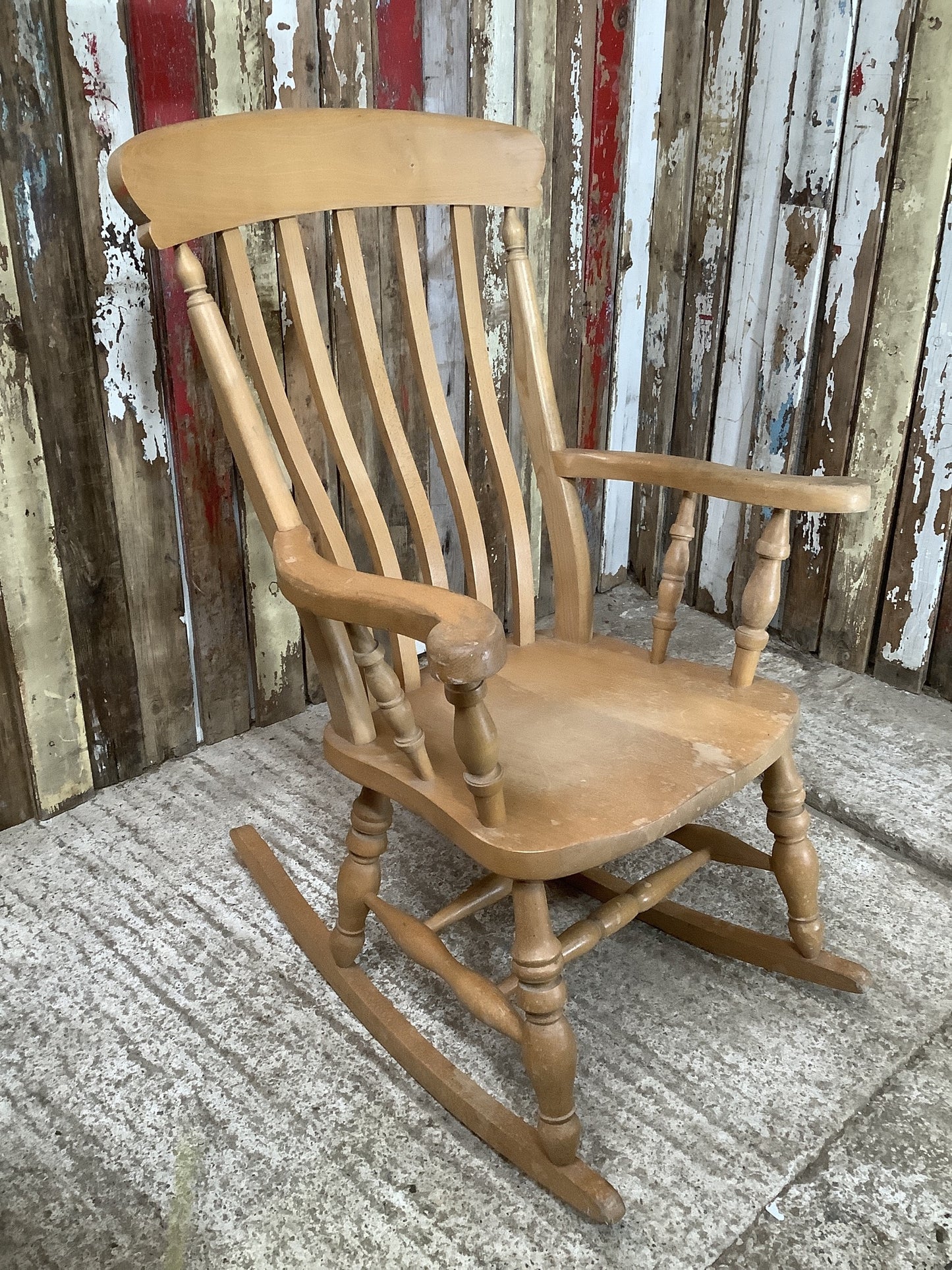 Tall Slat Back Granddad Used Old Varnished Beech Rocking Chair Wooden