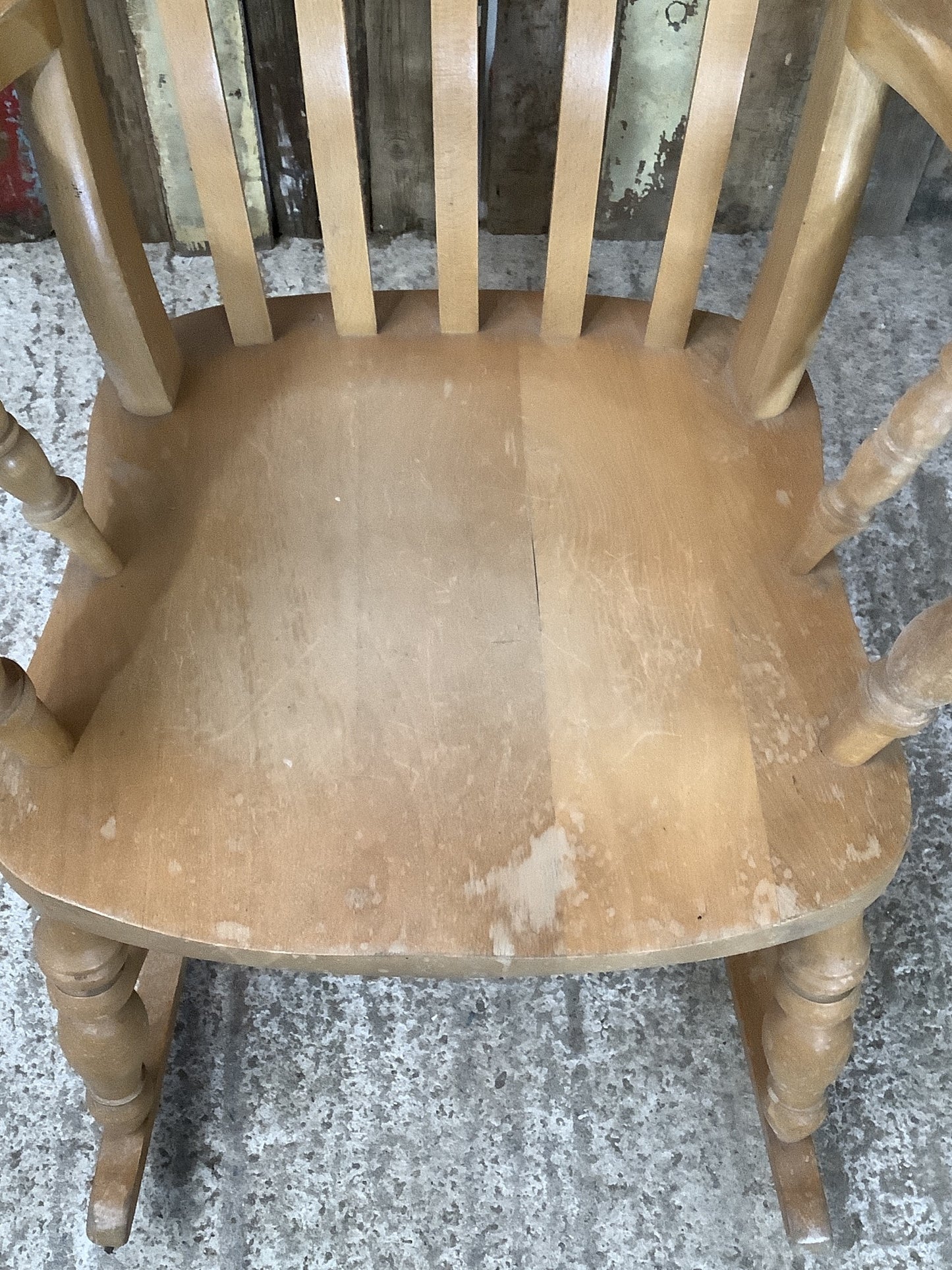 Tall Slat Back Granddad Used Old Varnished Beech Rocking Chair Wooden
