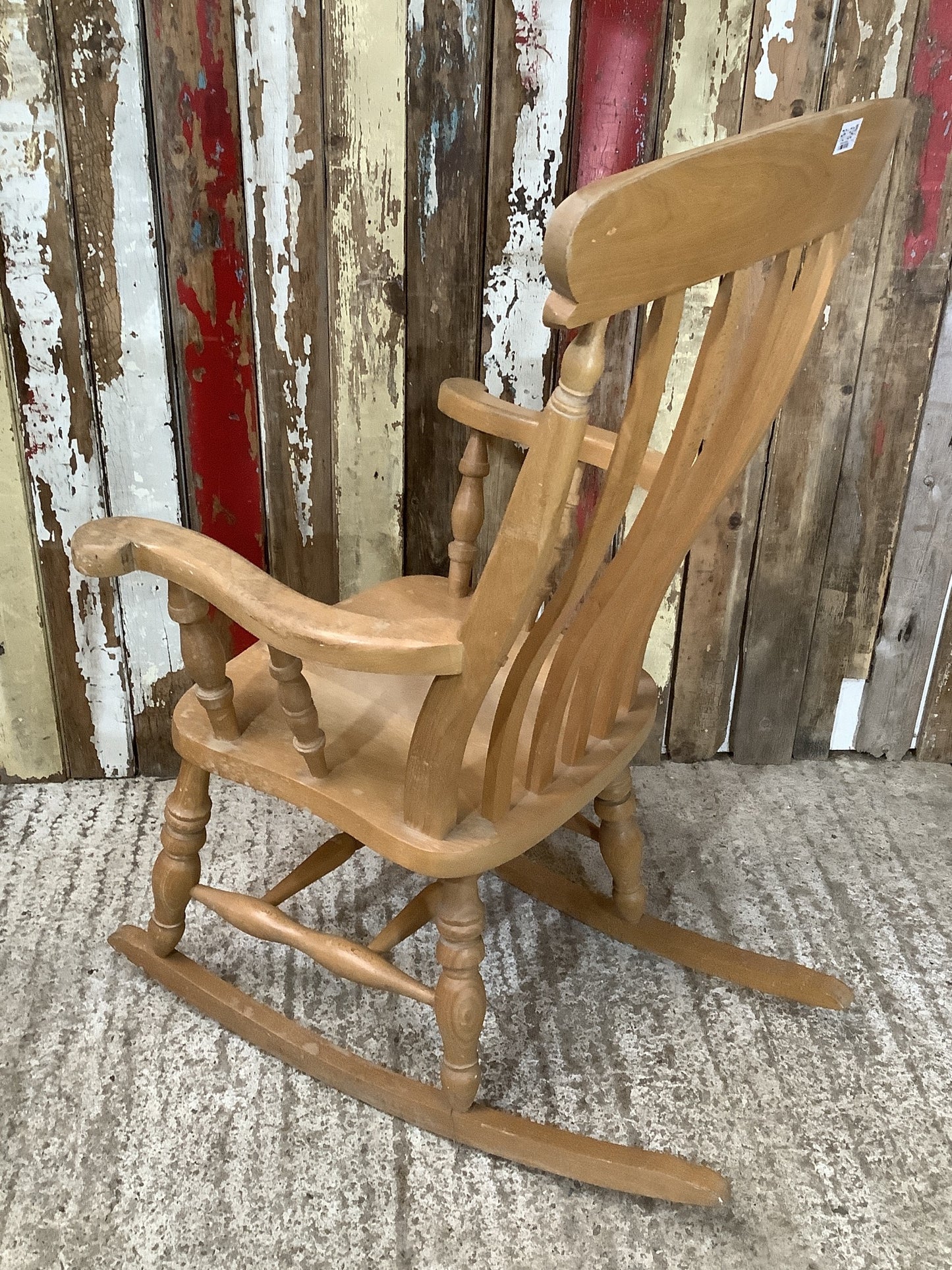 Tall Slat Back Granddad Used Old Varnished Beech Rocking Chair Wooden