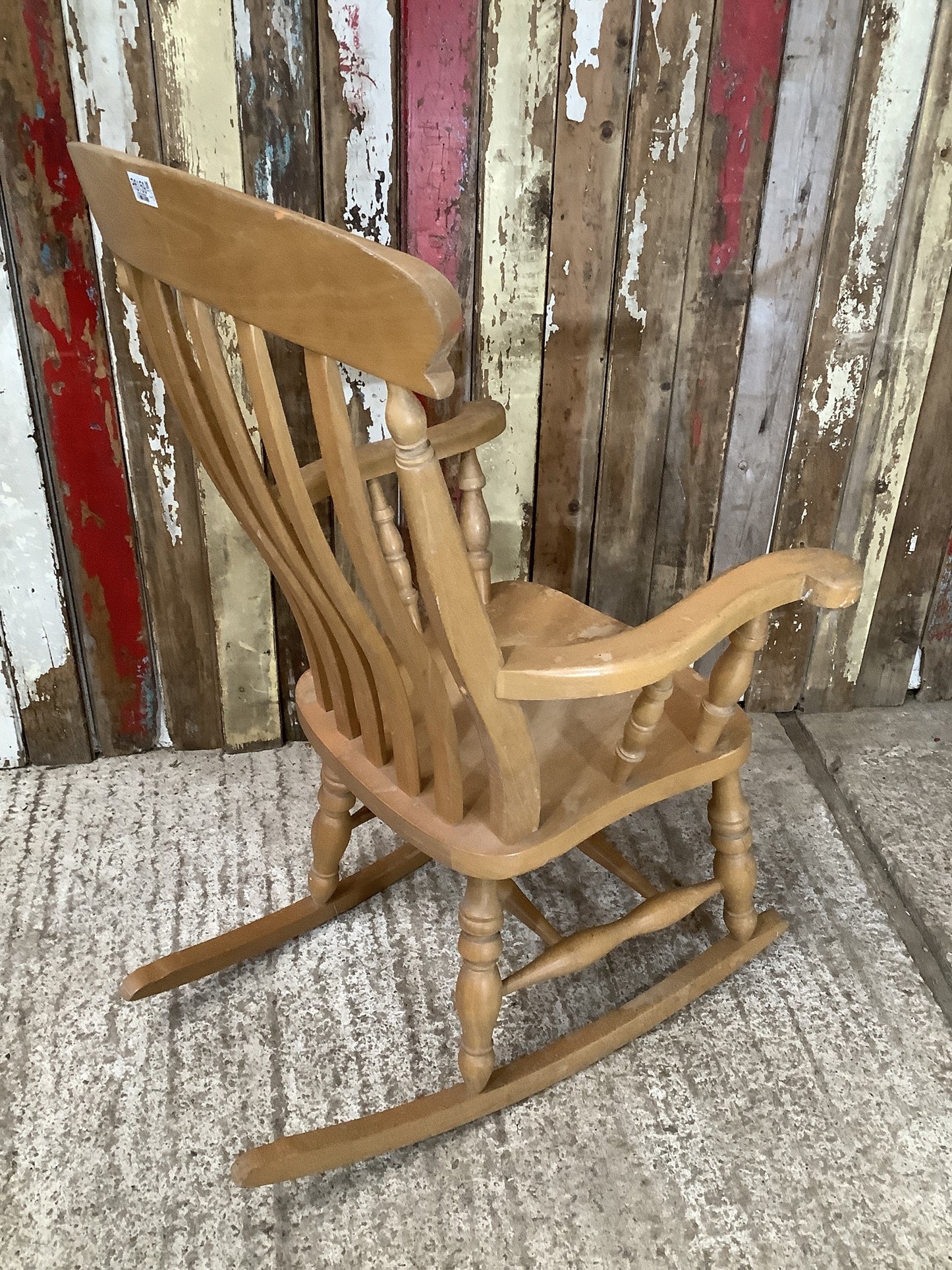 Tall Slat Back Granddad Used Old Varnished Beech Rocking Chair Wooden