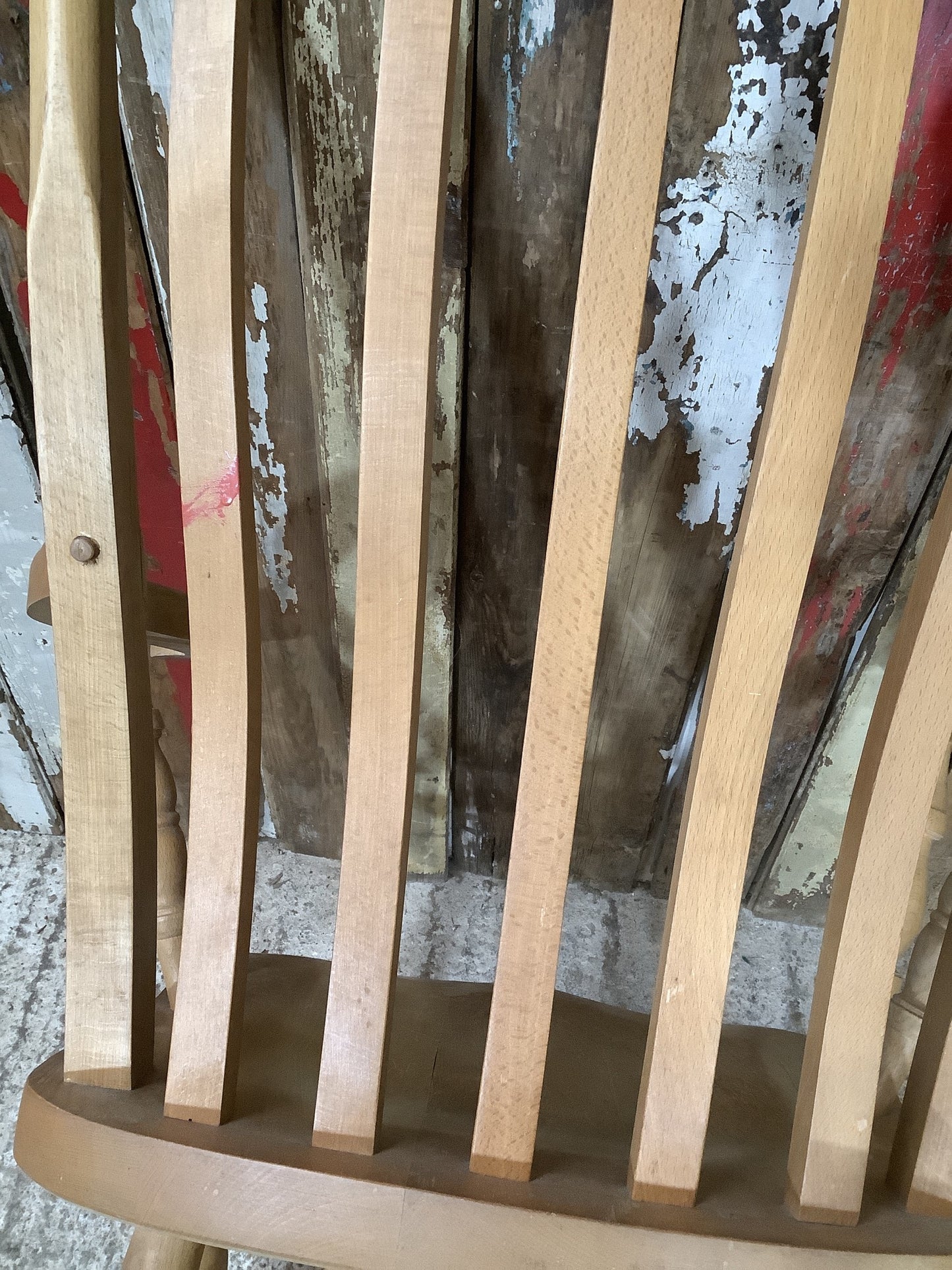 Tall Slat Back Granddad Used Old Varnished Beech Rocking Chair Wooden