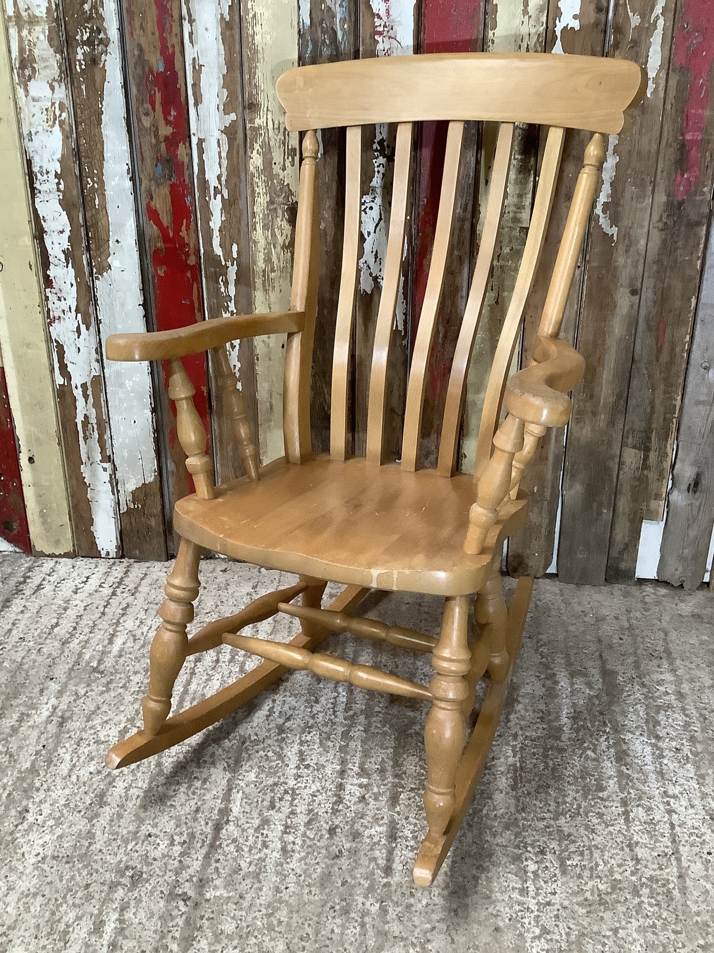 Tall Slat Back Granddad Used Old Varnished Beech Rocking Chair Wooden
