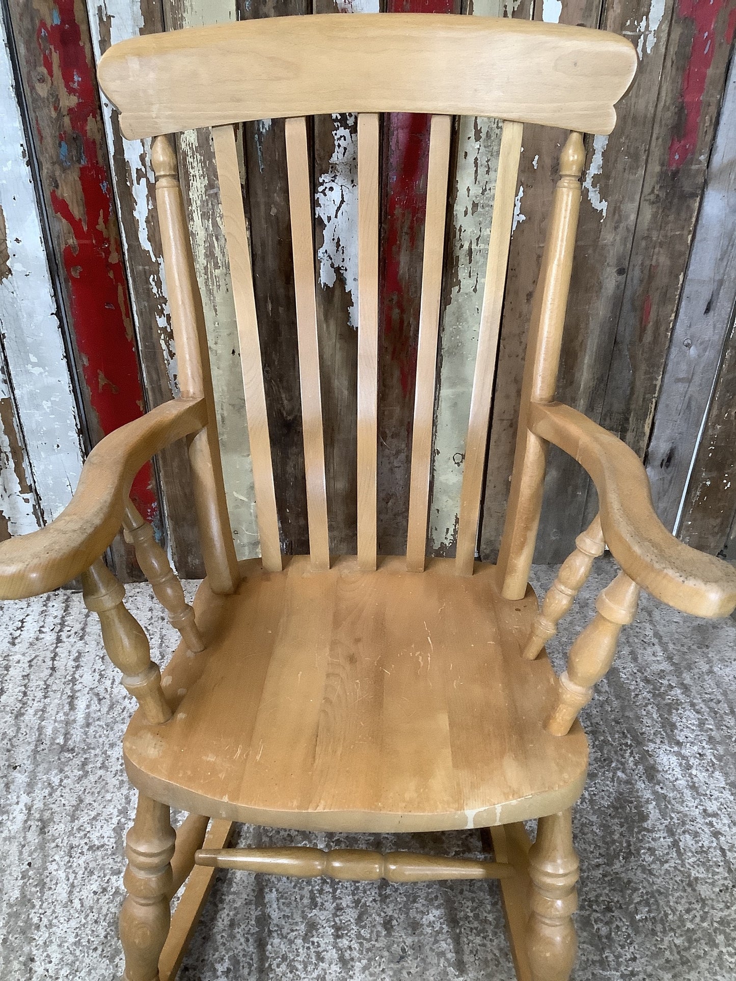 Tall Slat Back Granddad Used Old Varnished Beech Rocking Chair Wooden