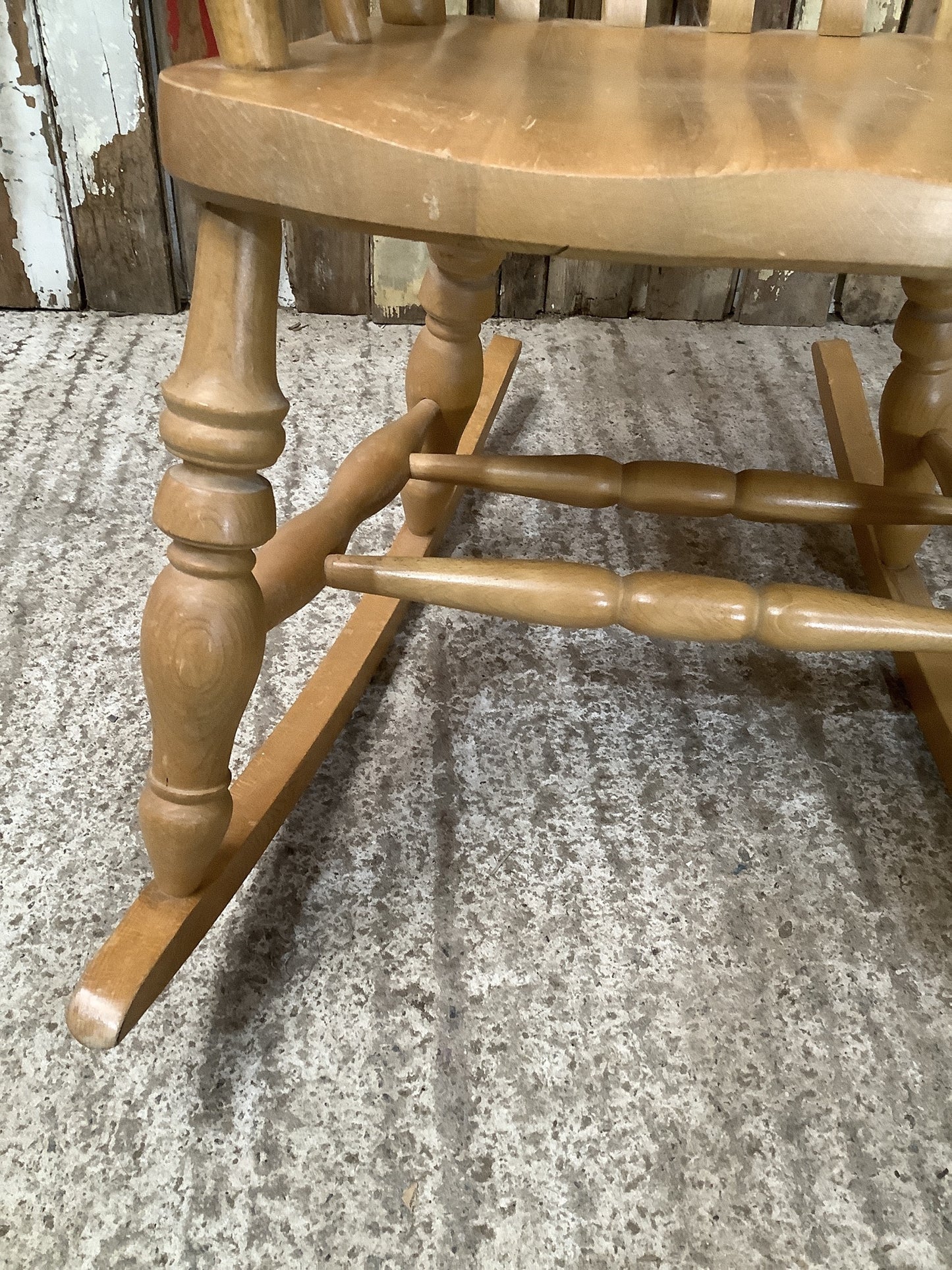 Tall Slat Back Granddad Used Old Varnished Beech Rocking Chair Wooden