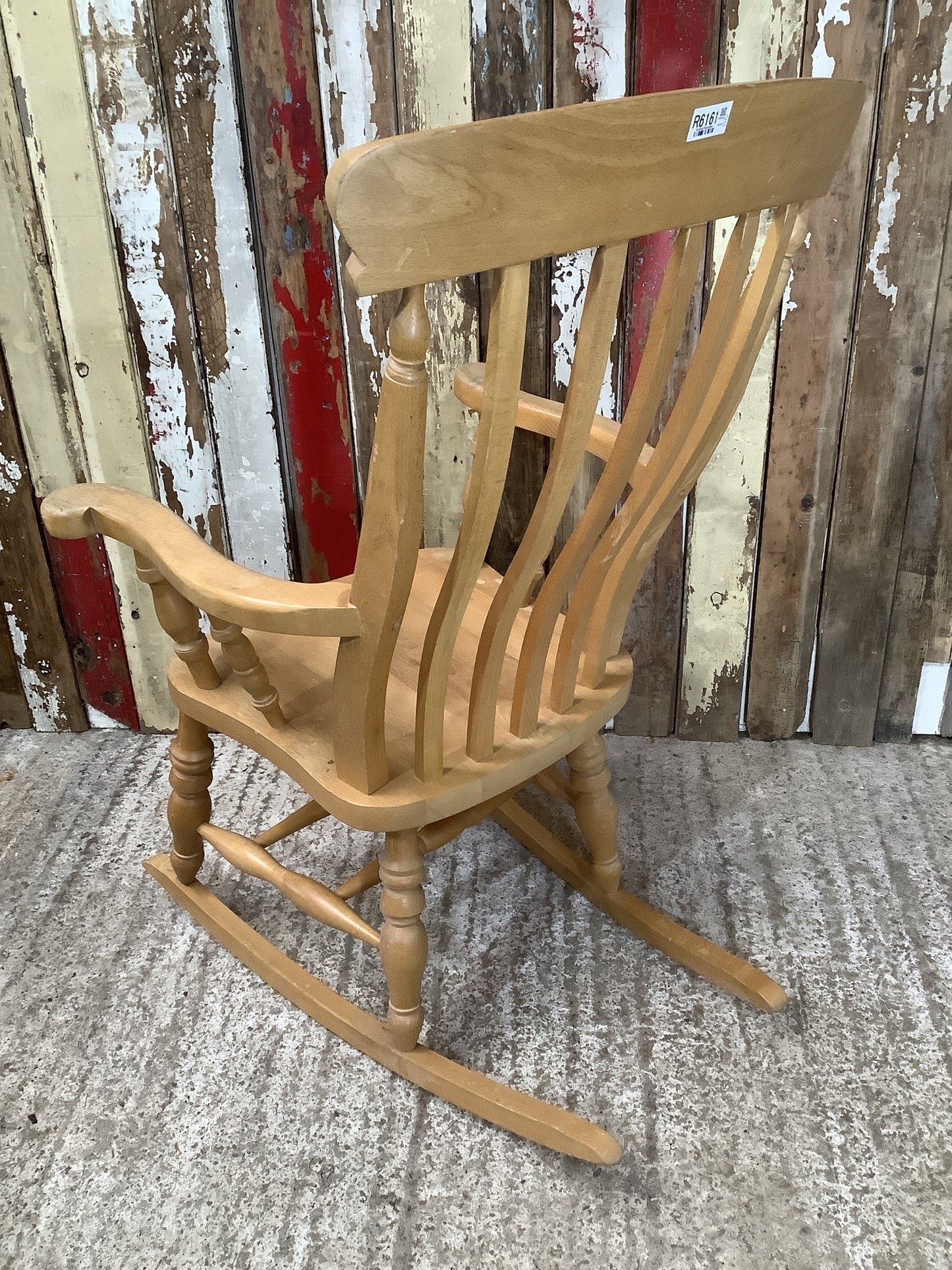 Tall Slat Back Granddad Used Old Varnished Beech Rocking Chair Wooden