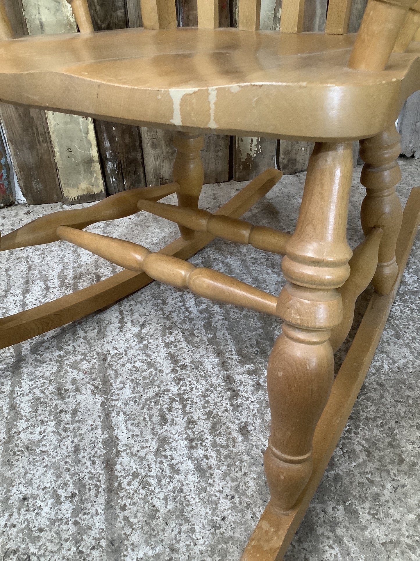 Tall Slat Back Granddad Used Old Varnished Beech Rocking Chair Wooden