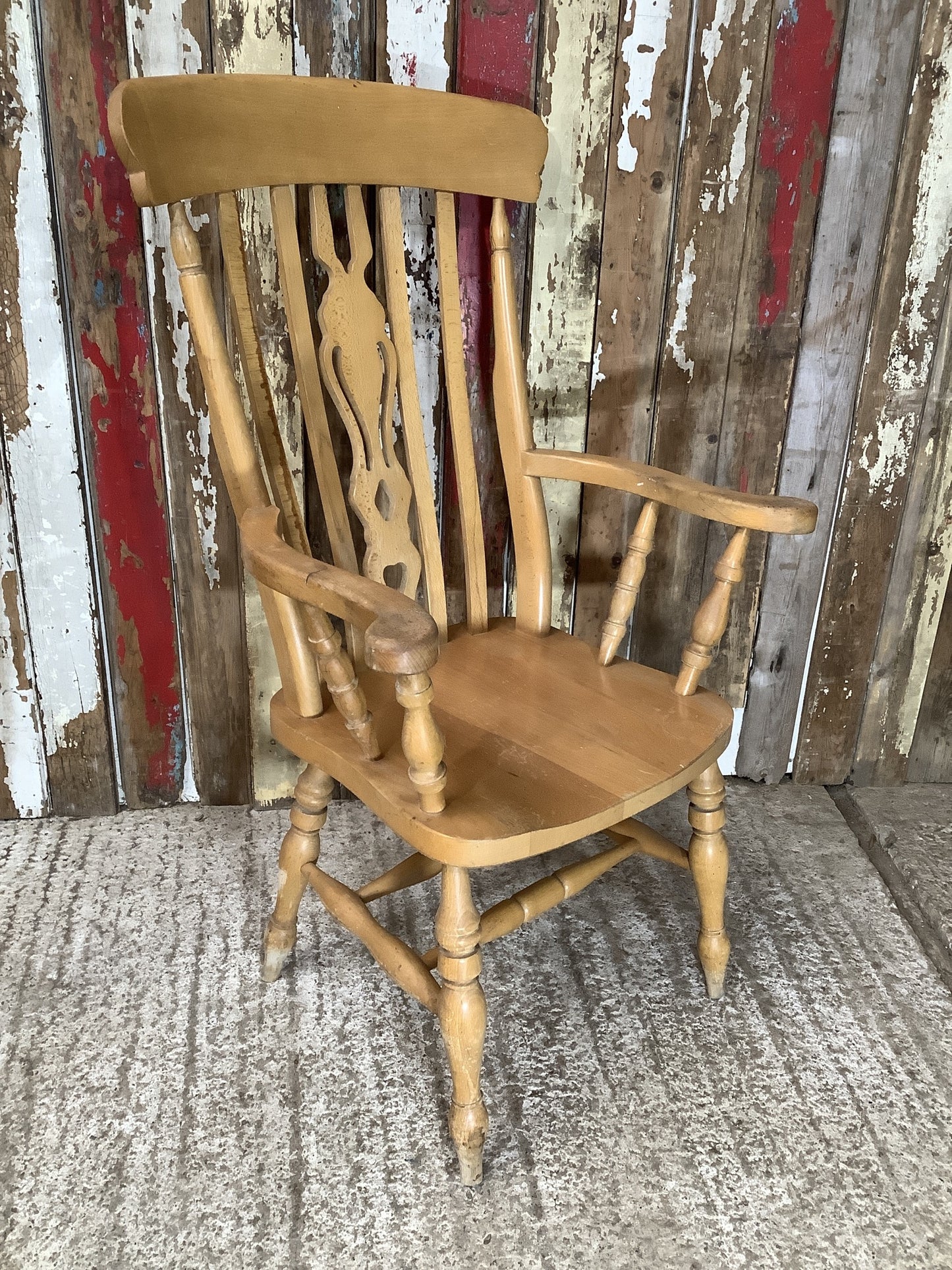 Old Farmhouse Varnished Solid Beech Fiddle Tall Back Carver Kitchen Arm Chair