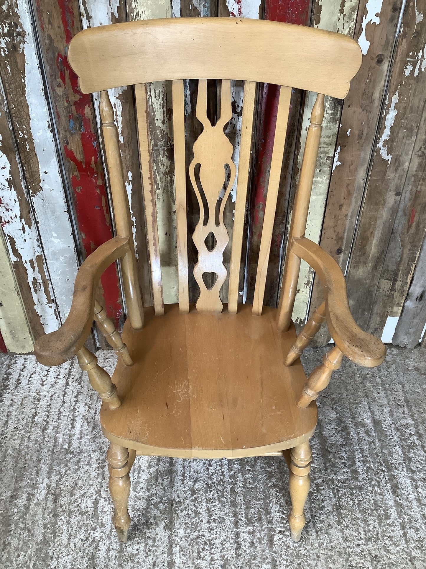 Old Farmhouse Varnished Solid Beech Fiddle Tall Back Carver Kitchen Arm Chair