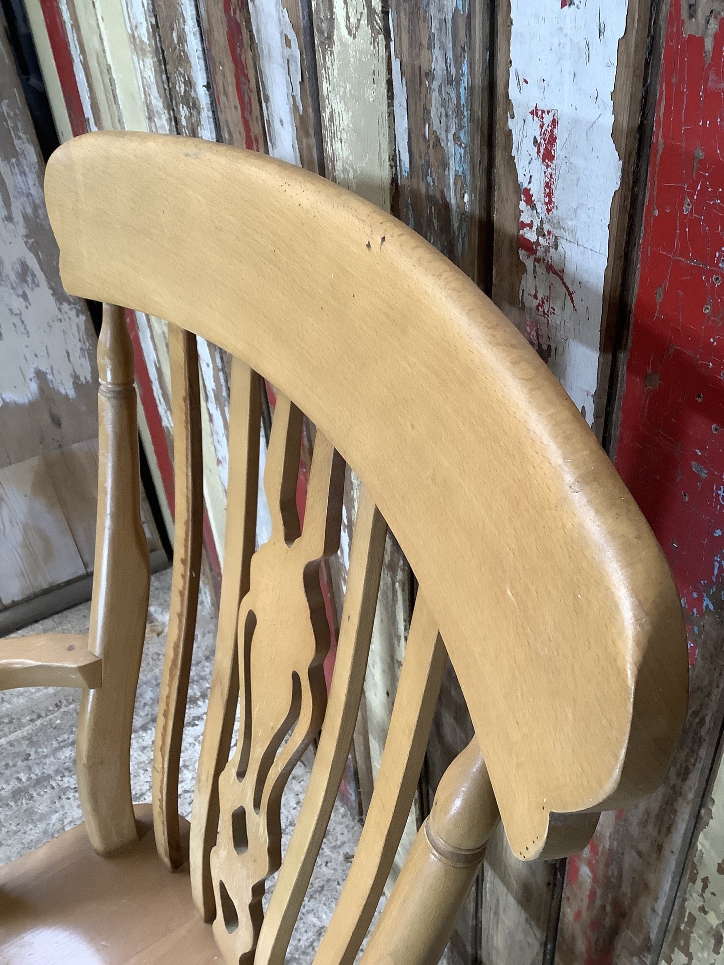 Old Farmhouse Varnished Solid Beech Fiddle Tall Back Carver Kitchen Arm Chair