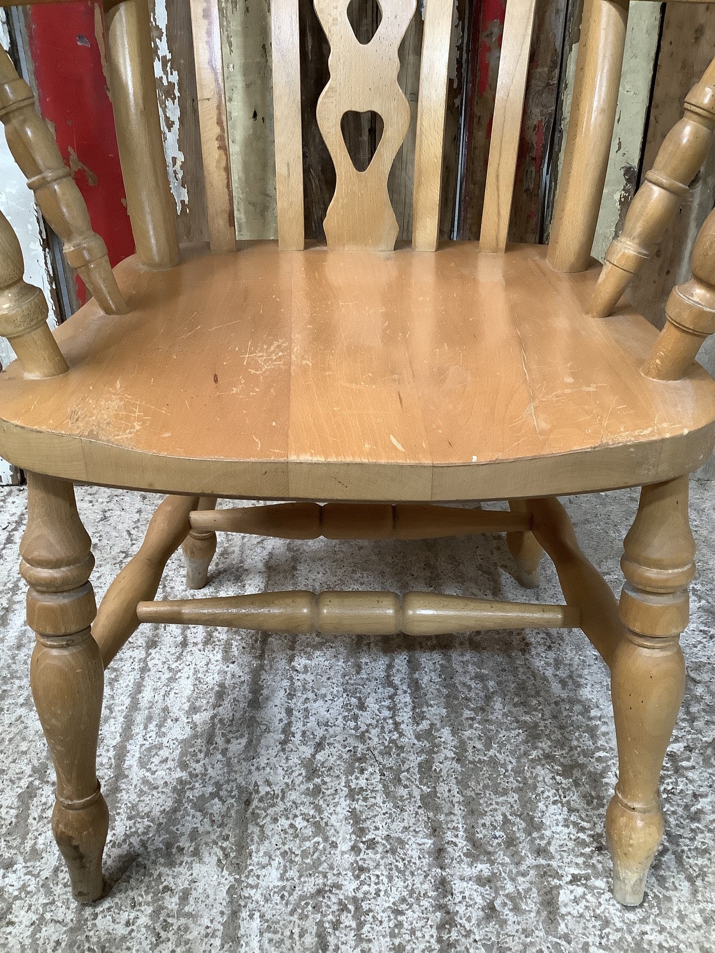 Old Farmhouse Varnished Solid Beech Fiddle Tall Back Carver Kitchen Arm Chair