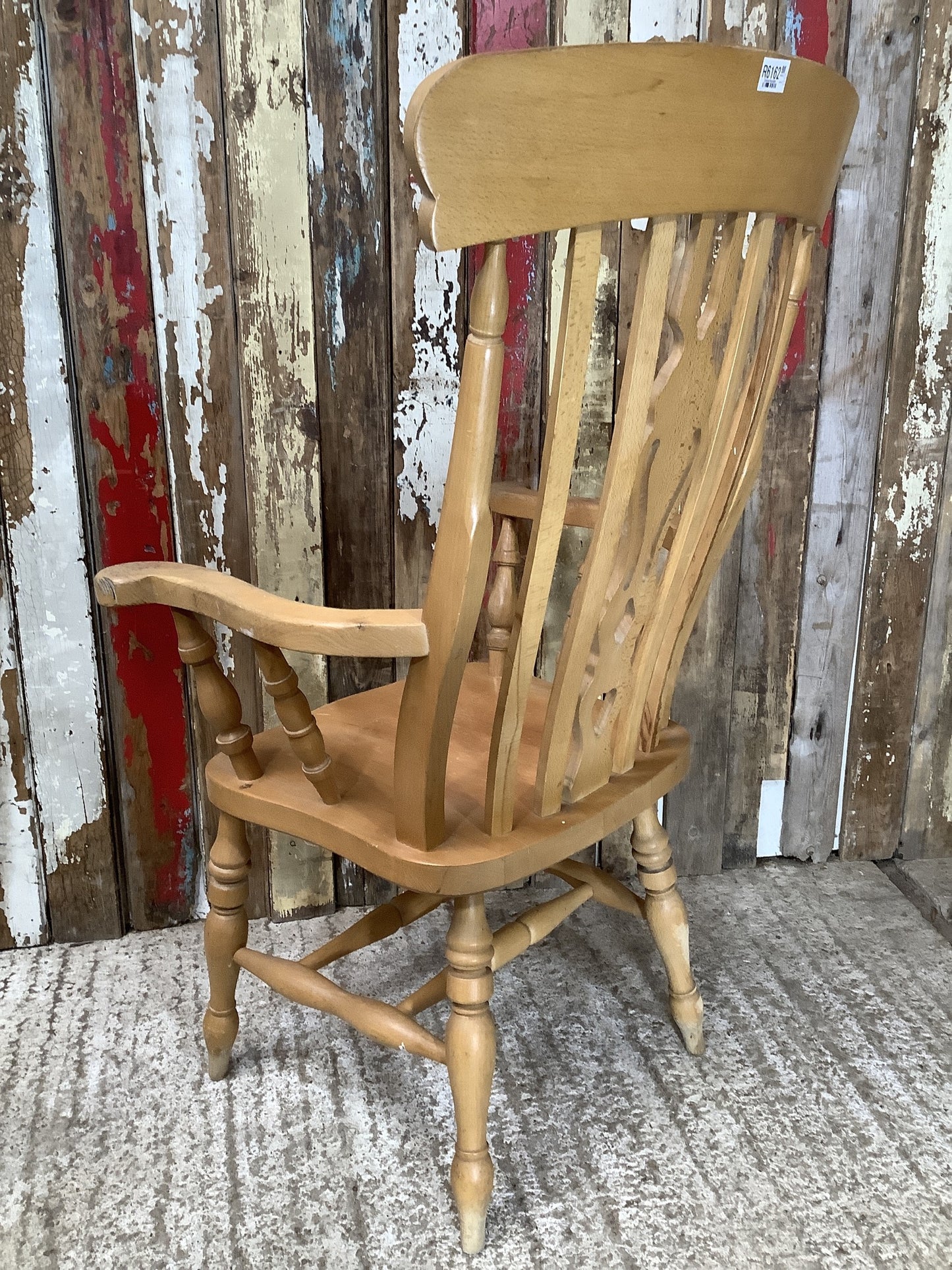 Old Farmhouse Varnished Solid Beech Fiddle Tall Back Carver Kitchen Arm Chair