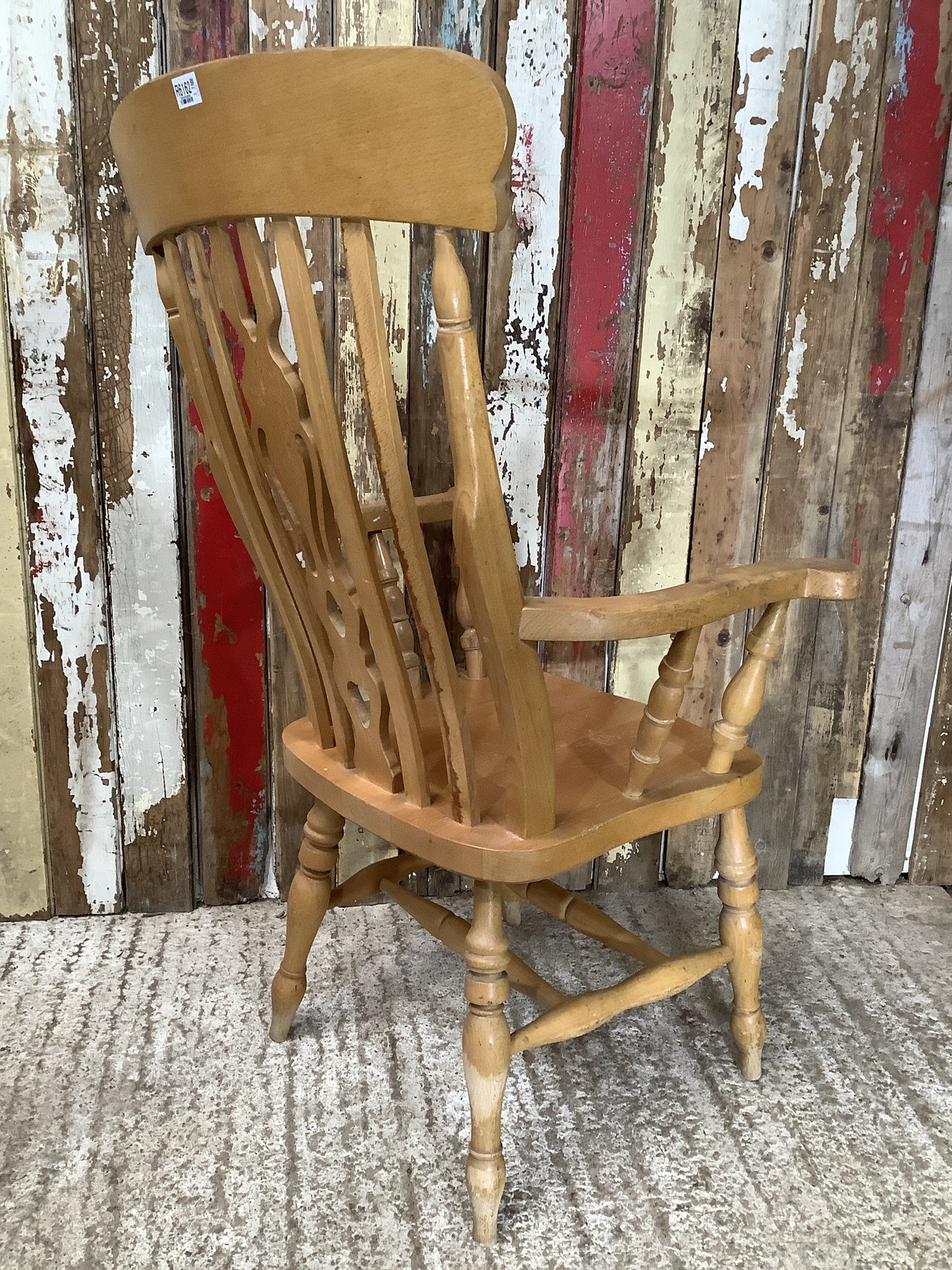 Old Farmhouse Varnished Solid Beech Fiddle Tall Back Carver Kitchen Arm Chair