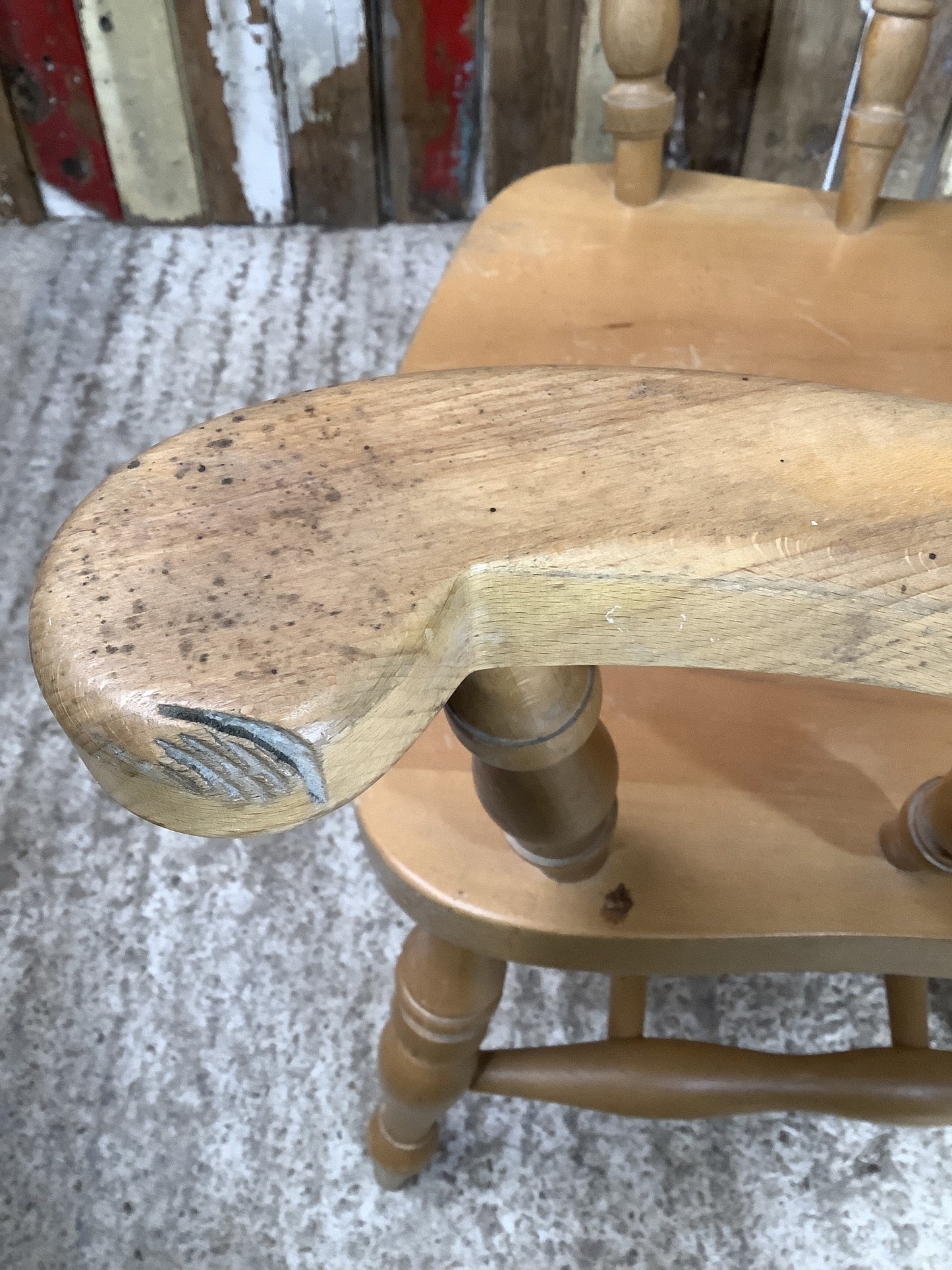 Old Farmhouse Varnished Solid Beech Fiddle Tall Back Carver Kitchen Arm Chair