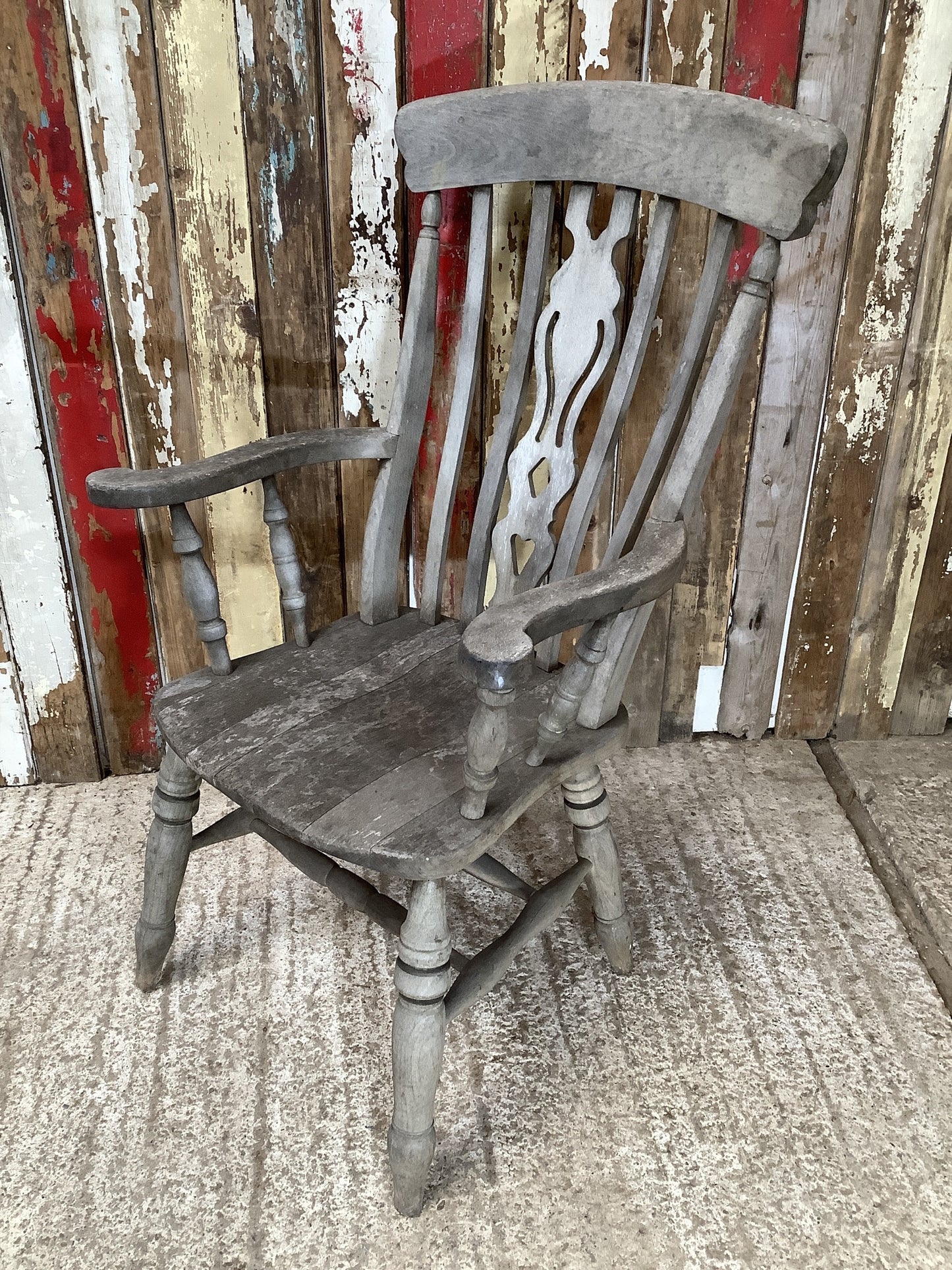 Old Weathered Farmhouse Solid Beech Fiddle Tall Back Carver Kitchen Arm Chair