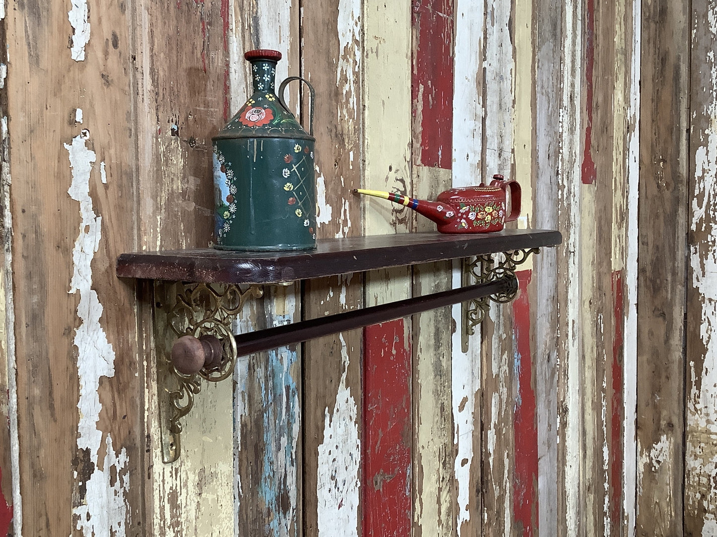 Antique Old Stained Pine & Brass Single Shelf with Wooden Towel Rail 7"H 2'1" W