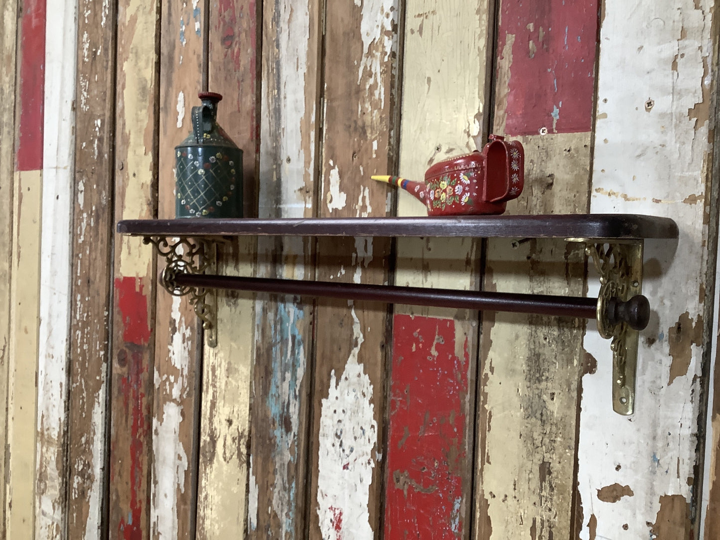 Antique Old Stained Pine & Brass Single Shelf with Wooden Towel Rail 7"H 2'1" W