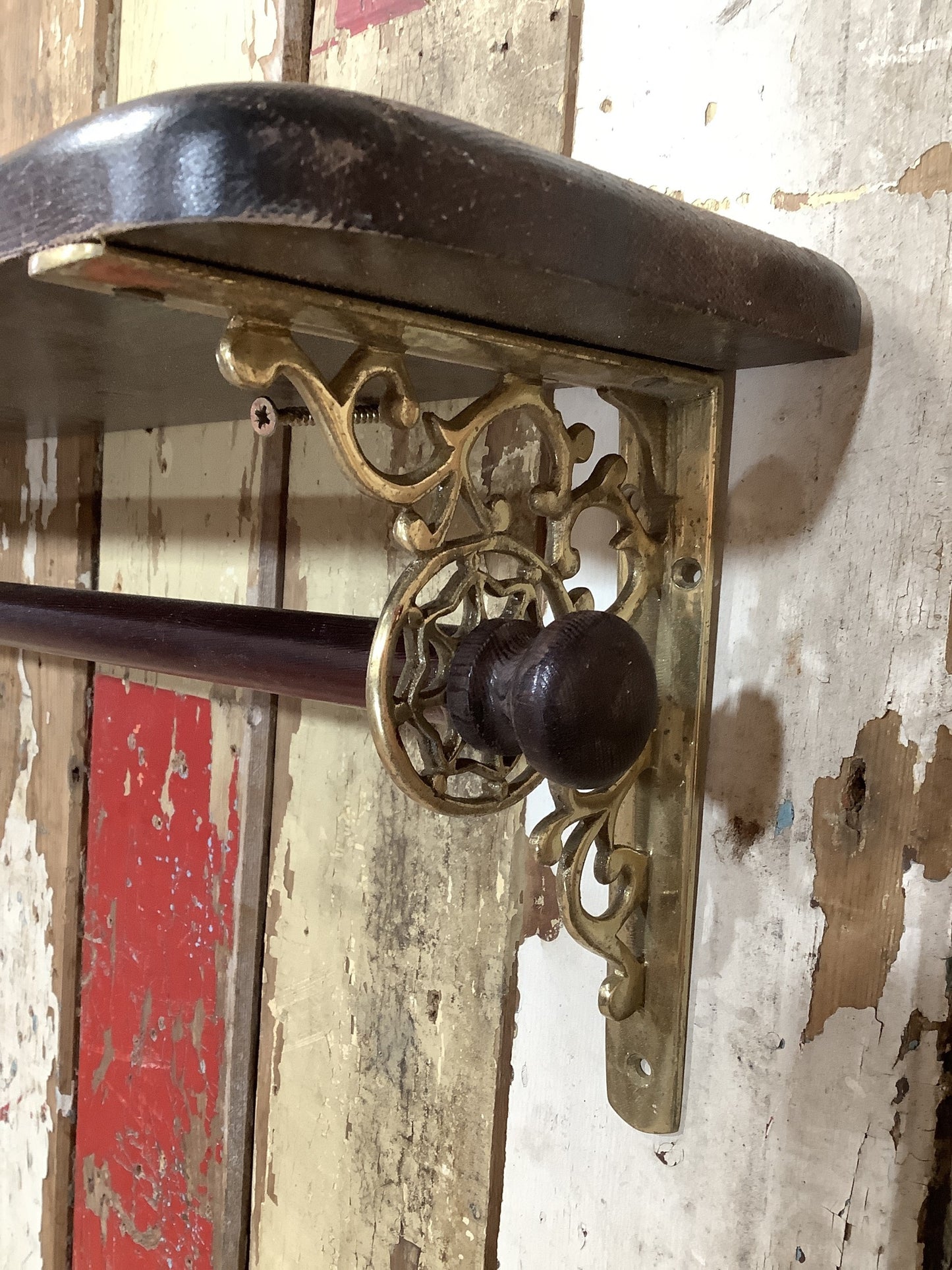 Antique Old Stained Pine & Brass Single Shelf with Wooden Towel Rail 7"H 2'1" W