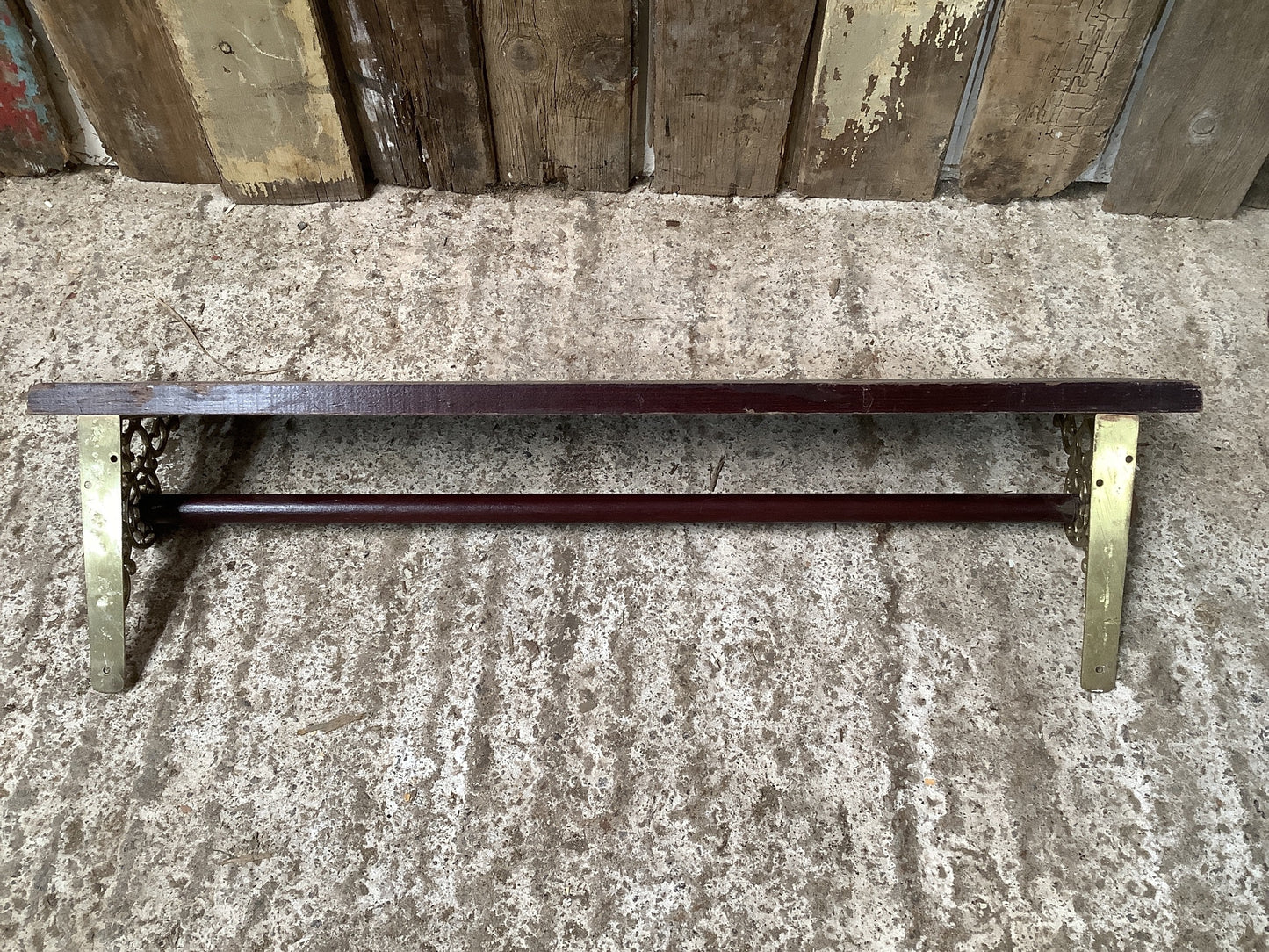 Antique Old Stained Pine & Brass Single Shelf with Wooden Towel Rail 7"H 2'1" W