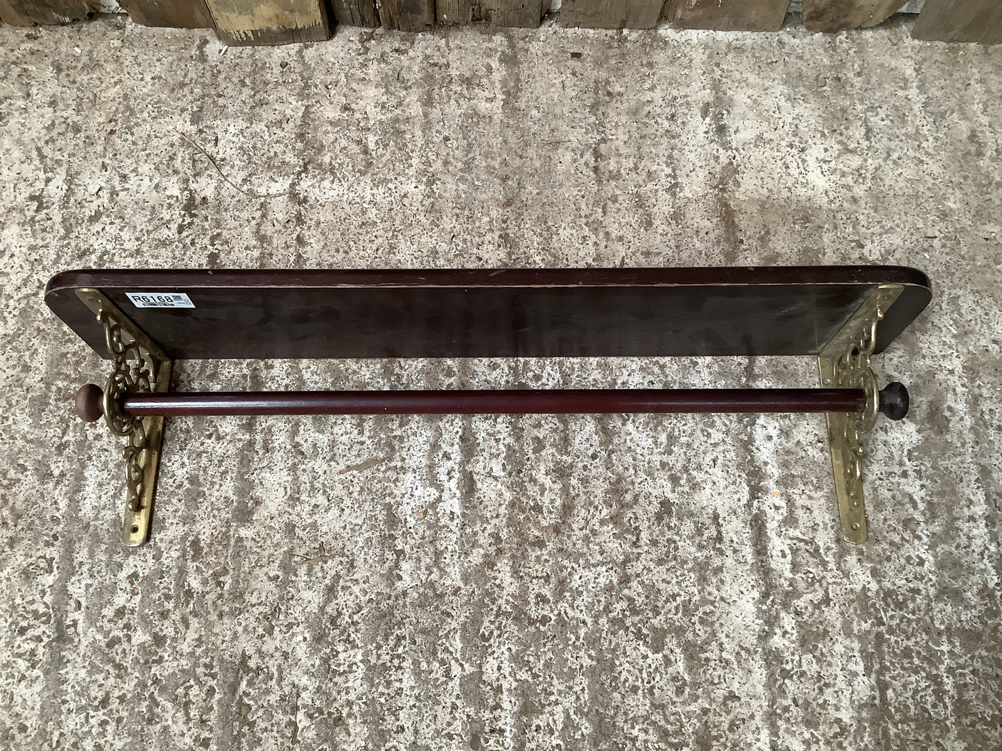Antique Old Stained Pine & Brass Single Shelf with Wooden Towel Rail 7"H 2'1" W