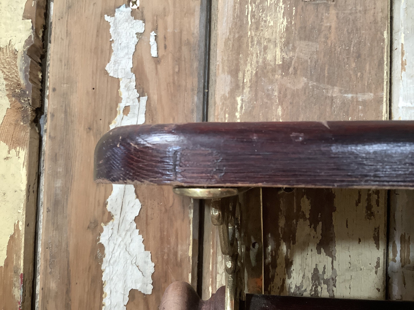 Antique Old Stained Pine & Brass Single Shelf with Wooden Towel Rail 7"H 2'1" W