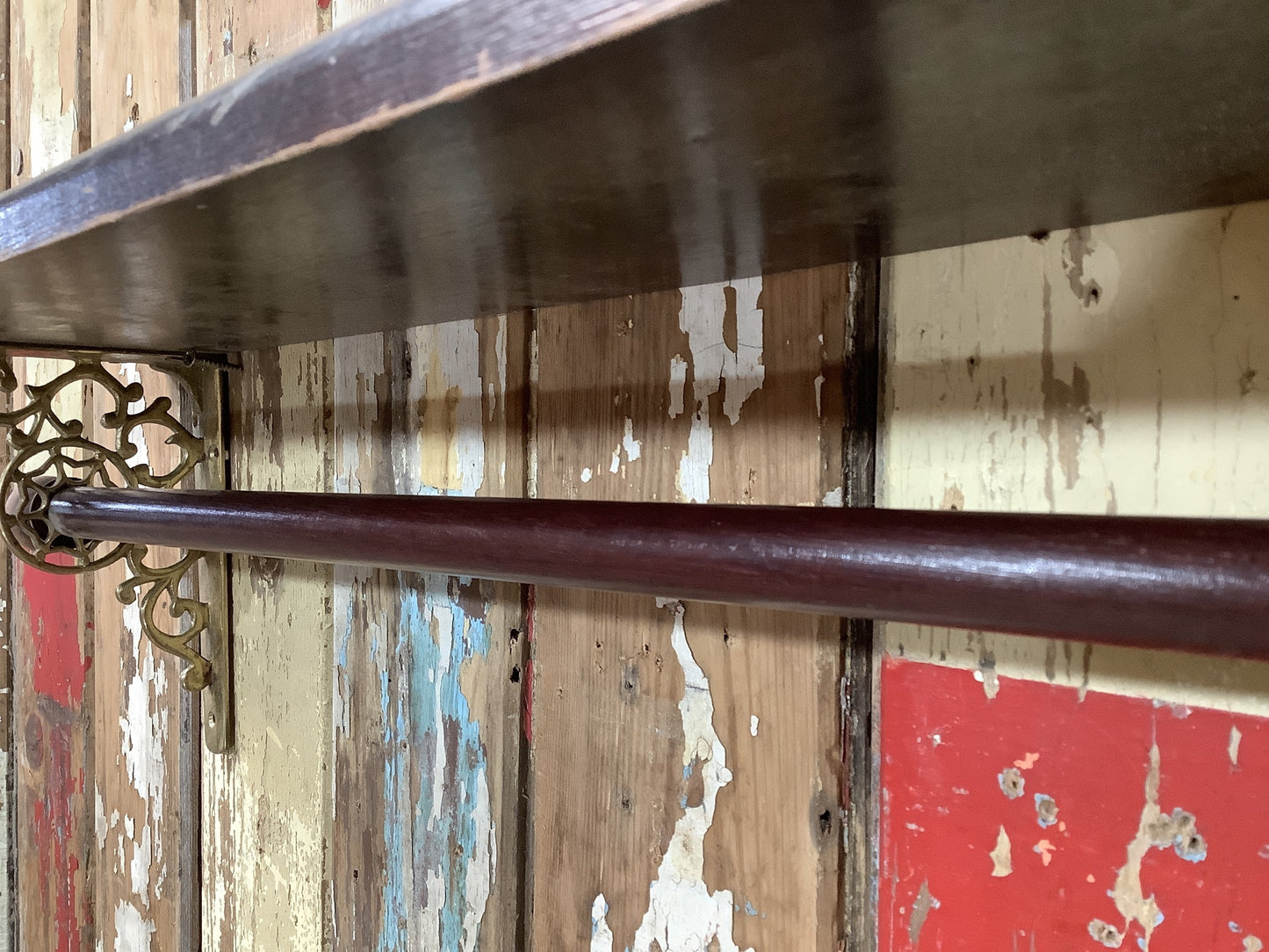 Antique Old Stained Pine & Brass Single Shelf with Wooden Towel Rail 7"H 2'1" W