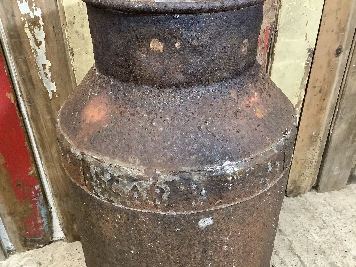 2'4"High Rustic 1940s Rusty 10 Gallon Steel Milk Churn Metal Stool