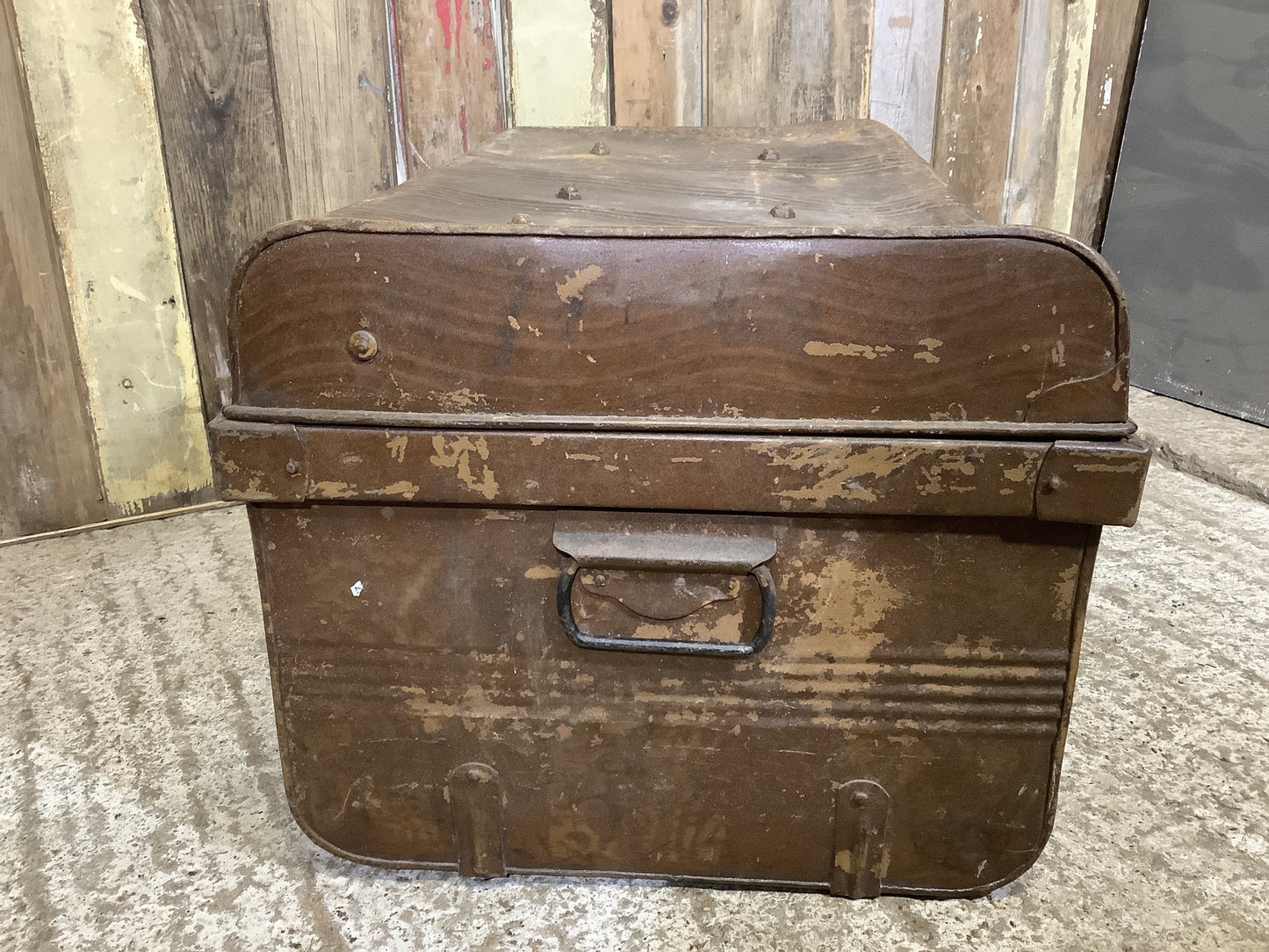 Rustic 1930s Tarnished Brown Metal Travel Trunk Toy Box Metal 1'2"H 2'2" W