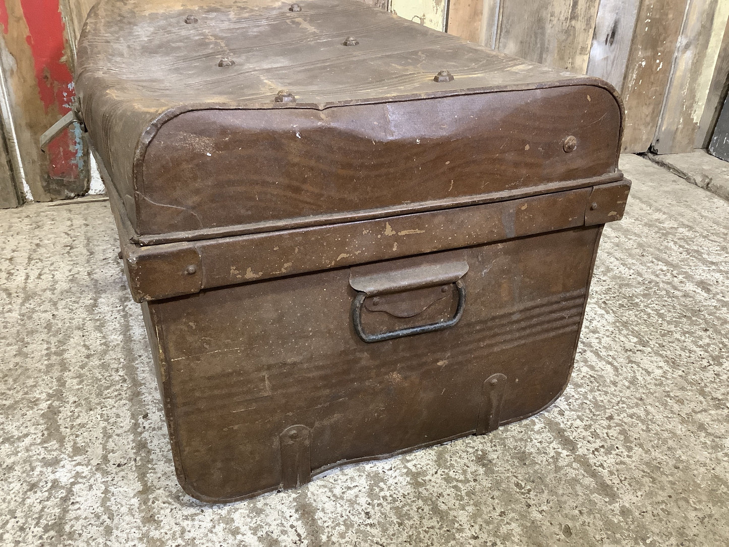 Rustic 1930s Tarnished Brown Metal Travel Trunk Toy Box Metal 1'2"H 2'2" W