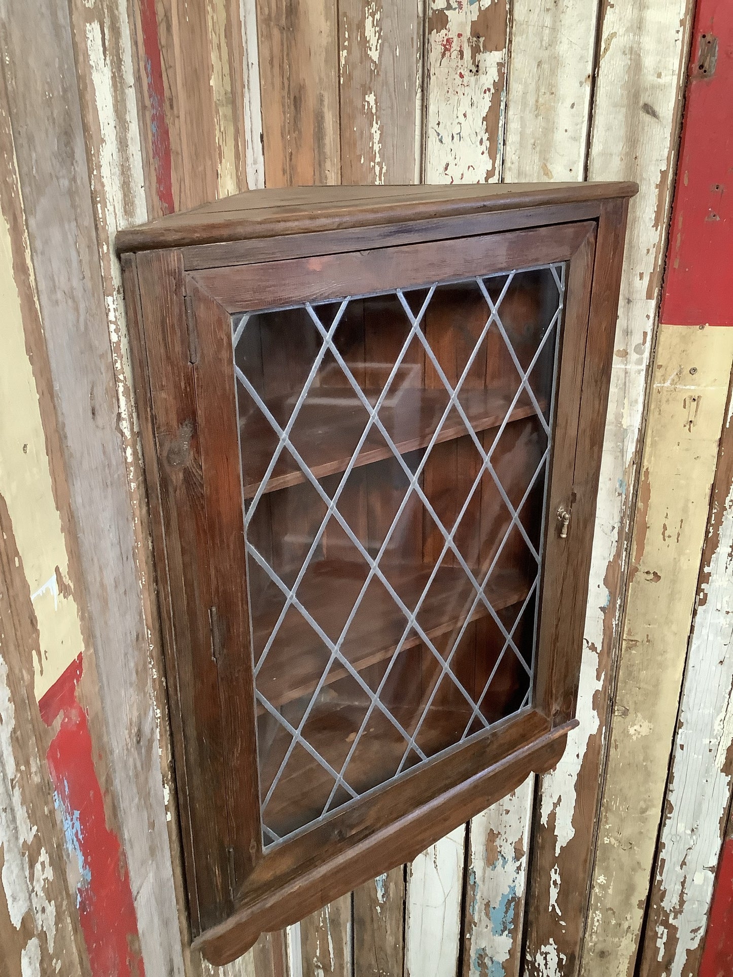 3'1"H 2'4" Useful Old Stained Pine & Glass Storage Cupboard Wooden