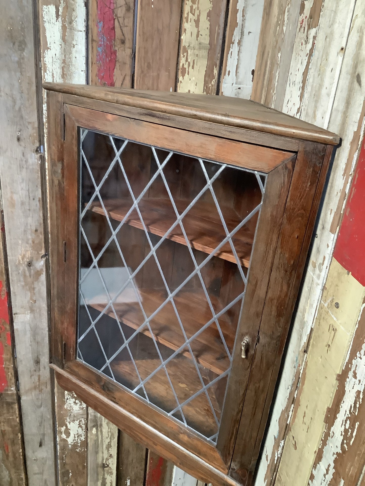 3'1"H 2'4" Useful Old Stained Pine & Glass Storage Cupboard Wooden