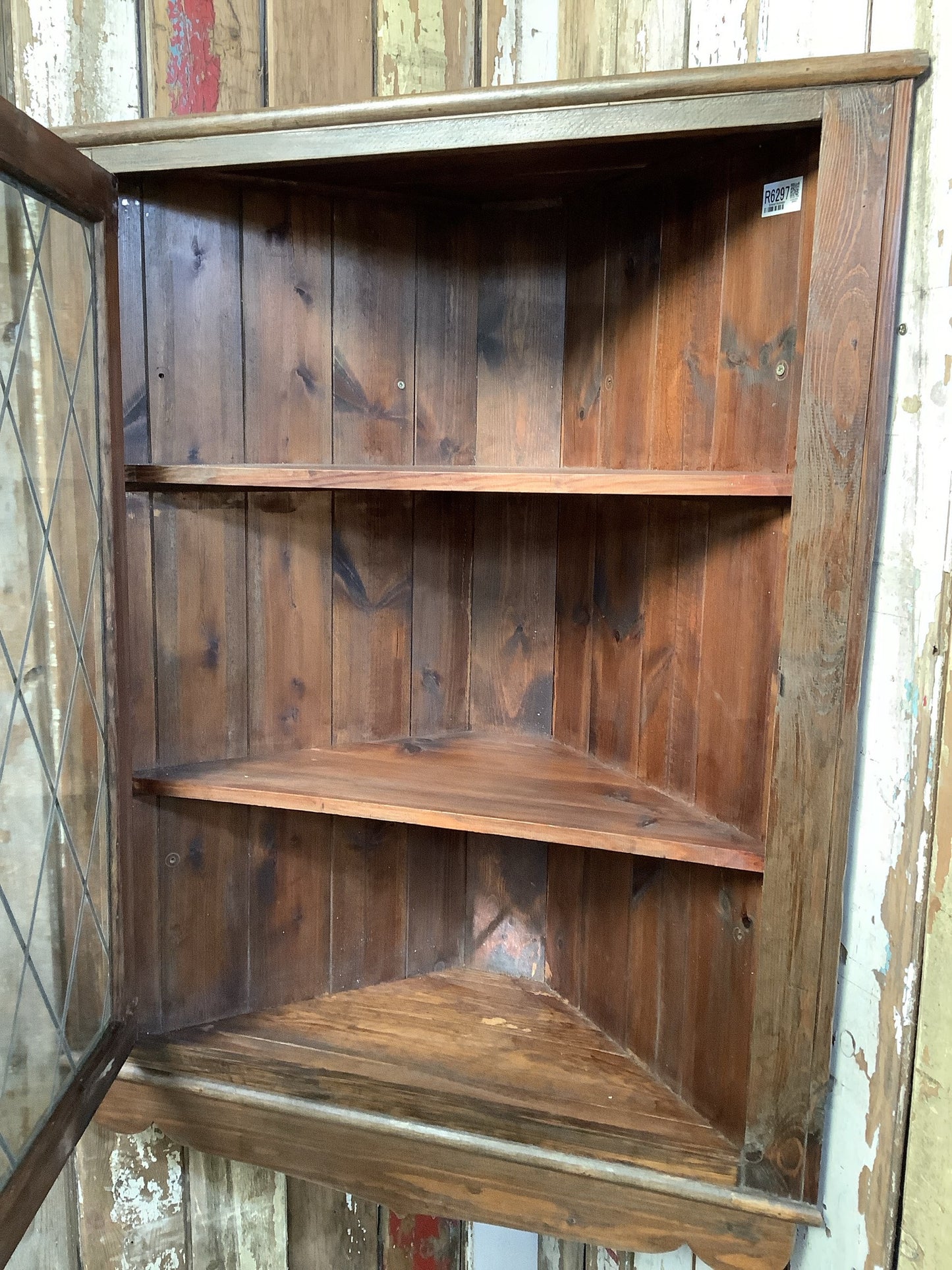 3'1"H 2'4" Useful Old Stained Pine & Glass Storage Cupboard Wooden