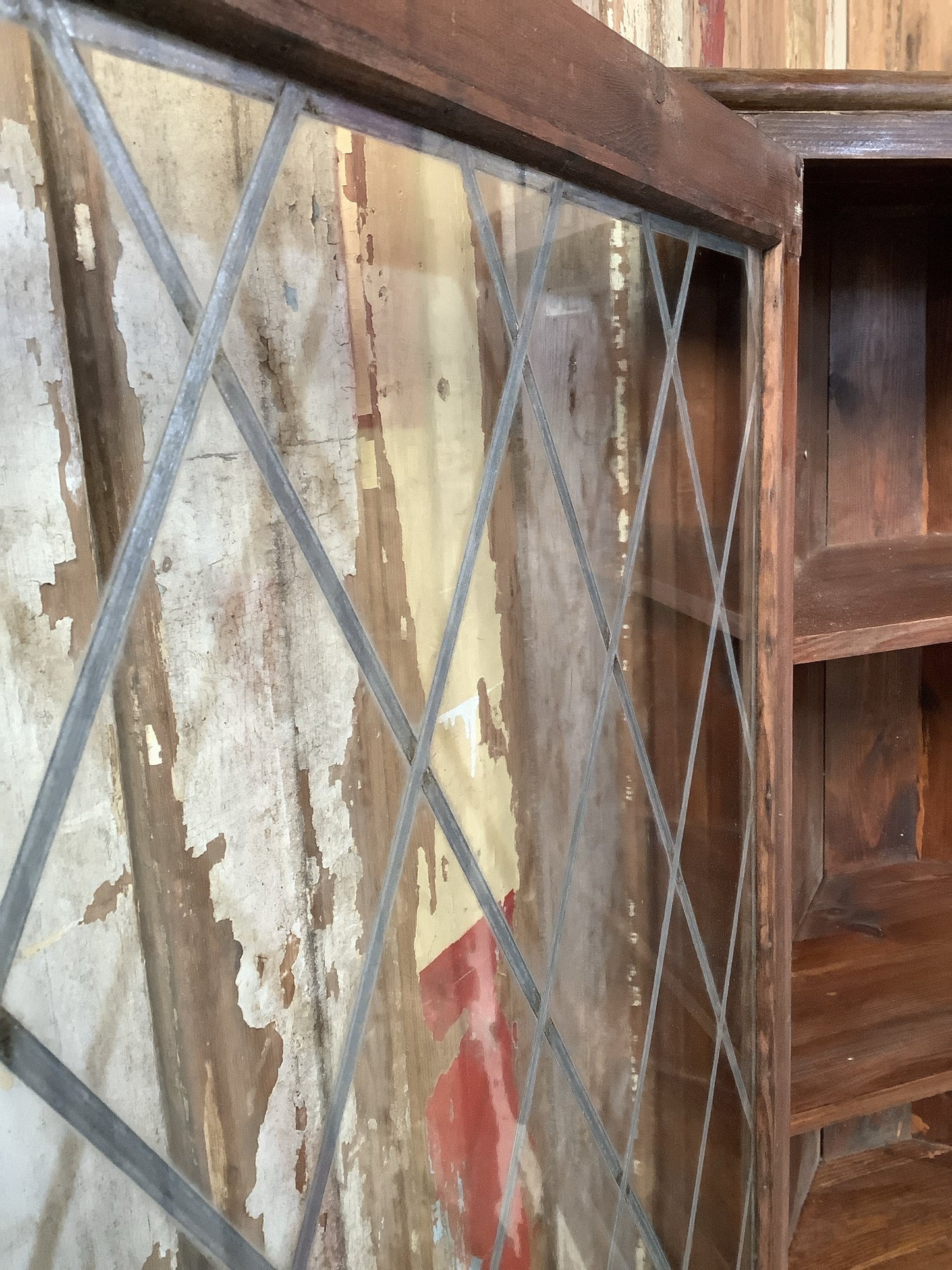 3'1"H 2'4" Useful Old Stained Pine & Glass Storage Cupboard Wooden