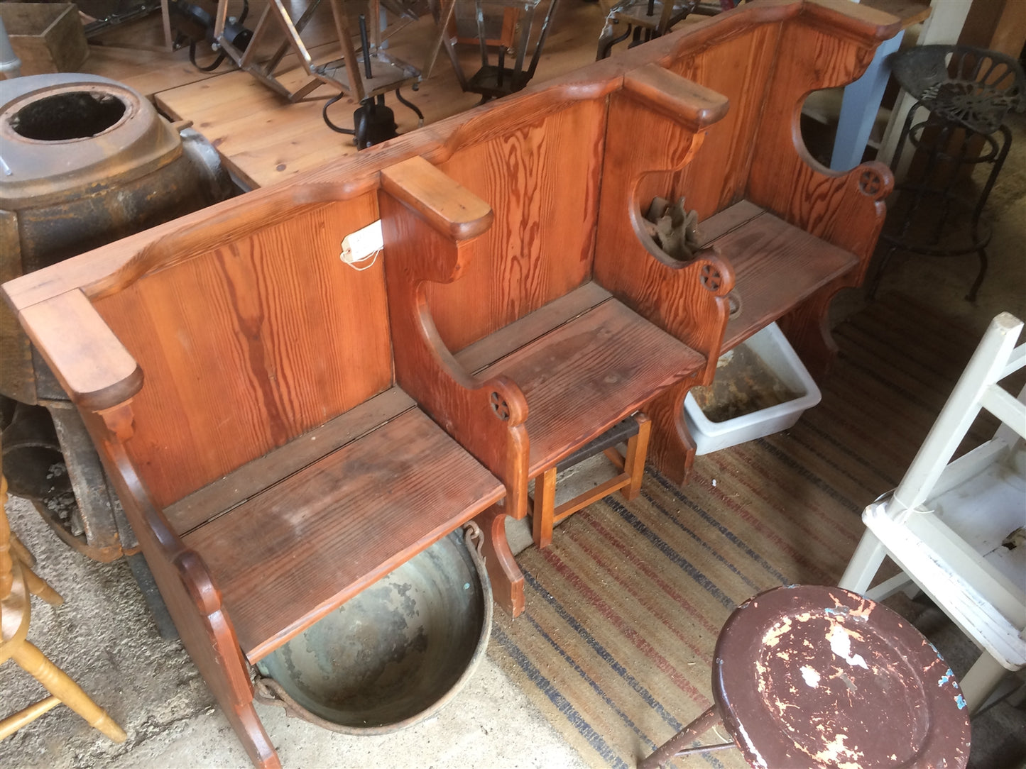 Interesting Victorian 3 Seater Stripped Pitch Pine Church Pew Bench Seat 6ft