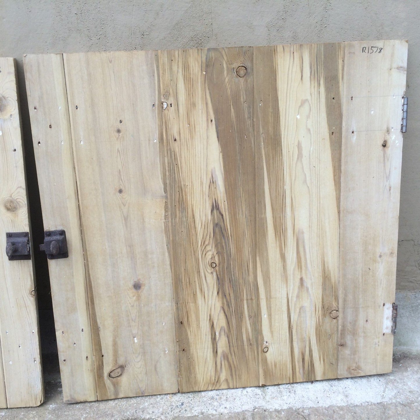 27“x26 1/2” Reclaimed Pair Of Old Stripped Pine 5 Plank Cupboard Doors