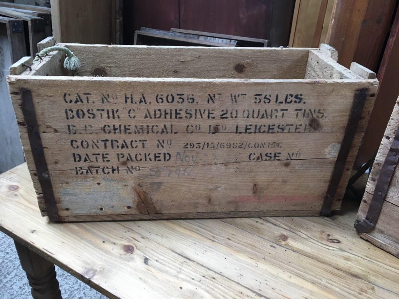 Two Reclaimed Ammunition Storage Boxes With Rope Handles 25 1/4”x10 1/2”