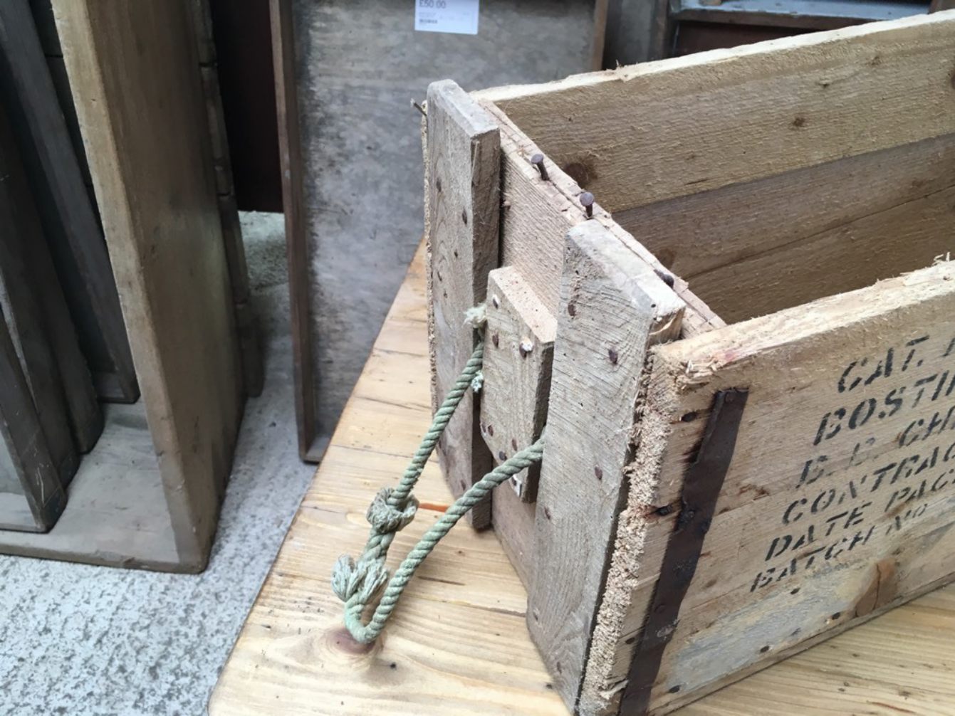 Two Reclaimed Ammunition Storage Boxes With Rope Handles 25 1/4”x10 1/2”
