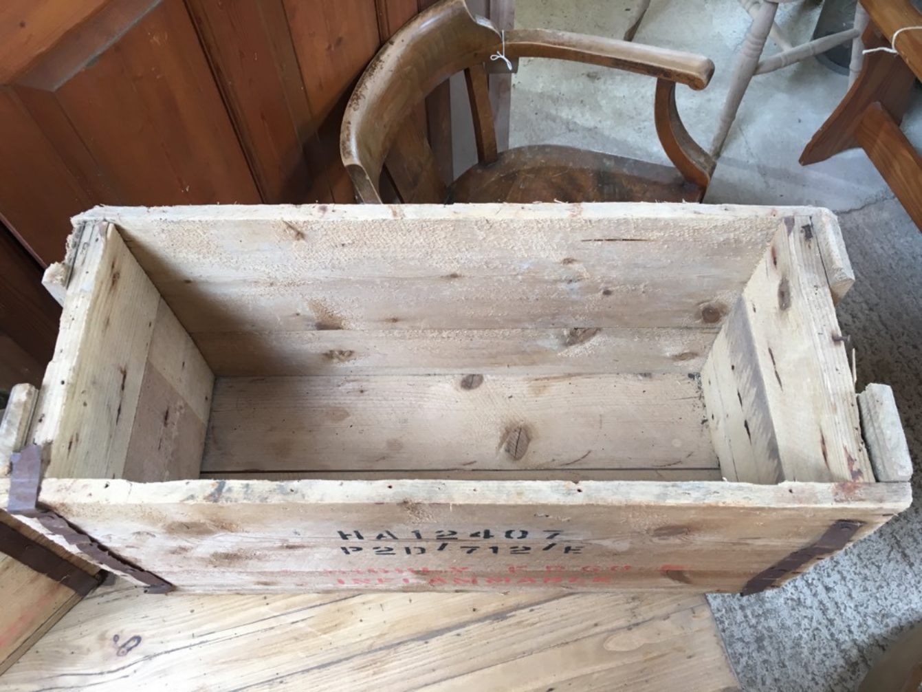 Two Reclaimed Ammunition Storage Boxes With Rope Handles 25 1/4”x10 1/2”