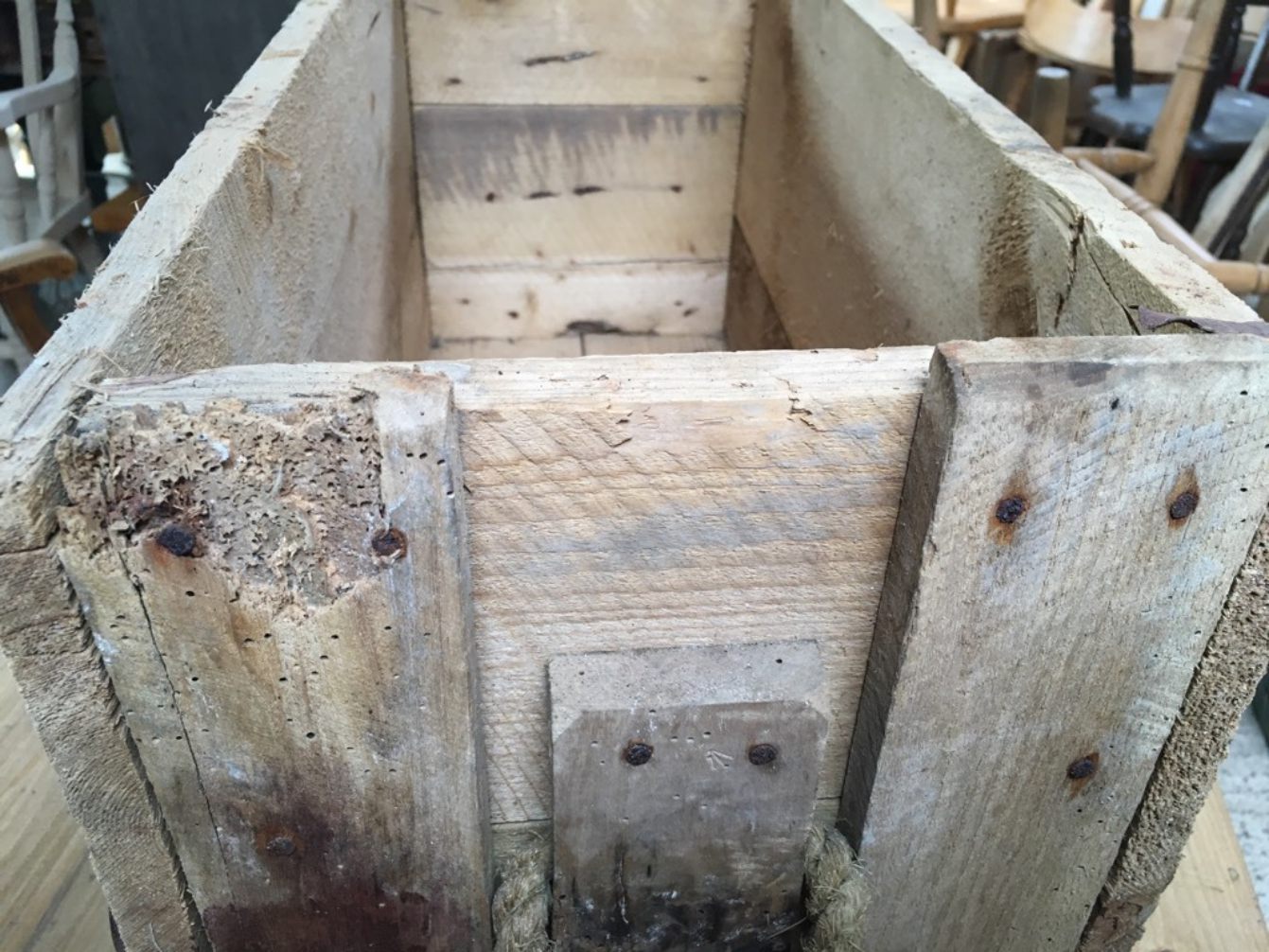 Two Reclaimed Ammunition Storage Boxes With Rope Handles 25 1/4”x10 1/2”