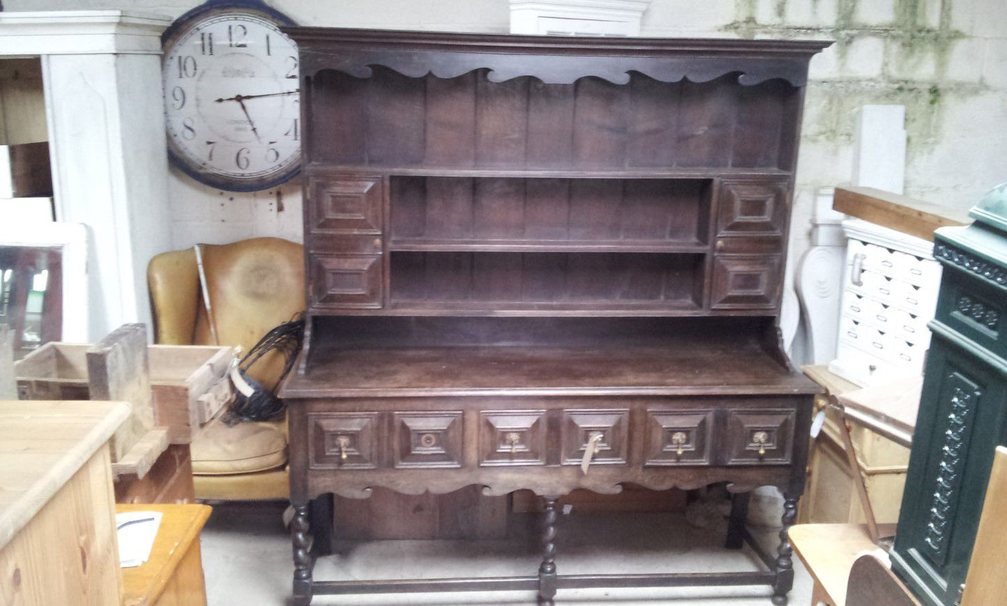 Reclaimed 6ft Solid Dark Oak Dresser With 3 Drawers & 2 Small Cupboards
