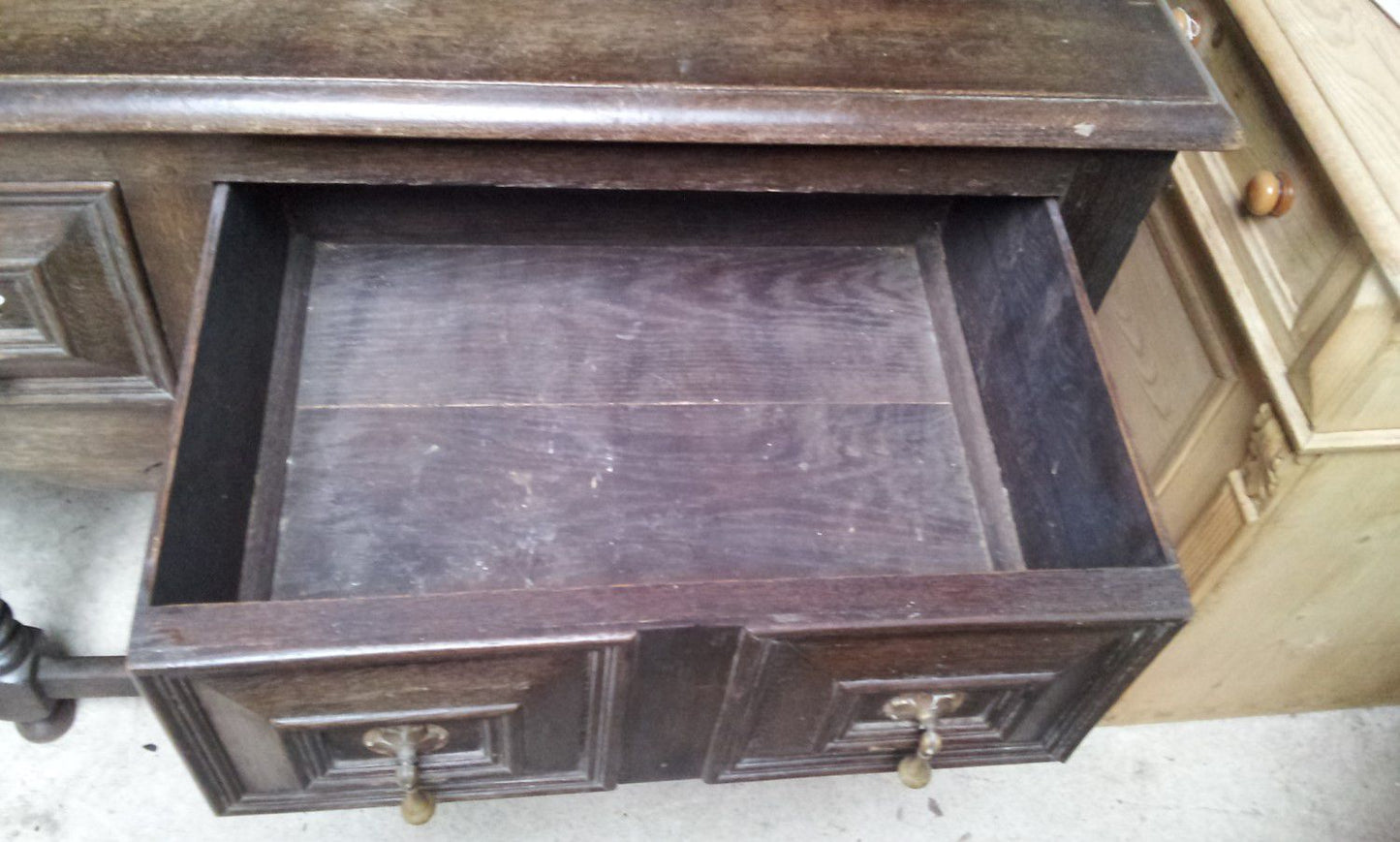 Reclaimed 6ft Solid Dark Oak Dresser With 3 Drawers & 2 Small Cupboards