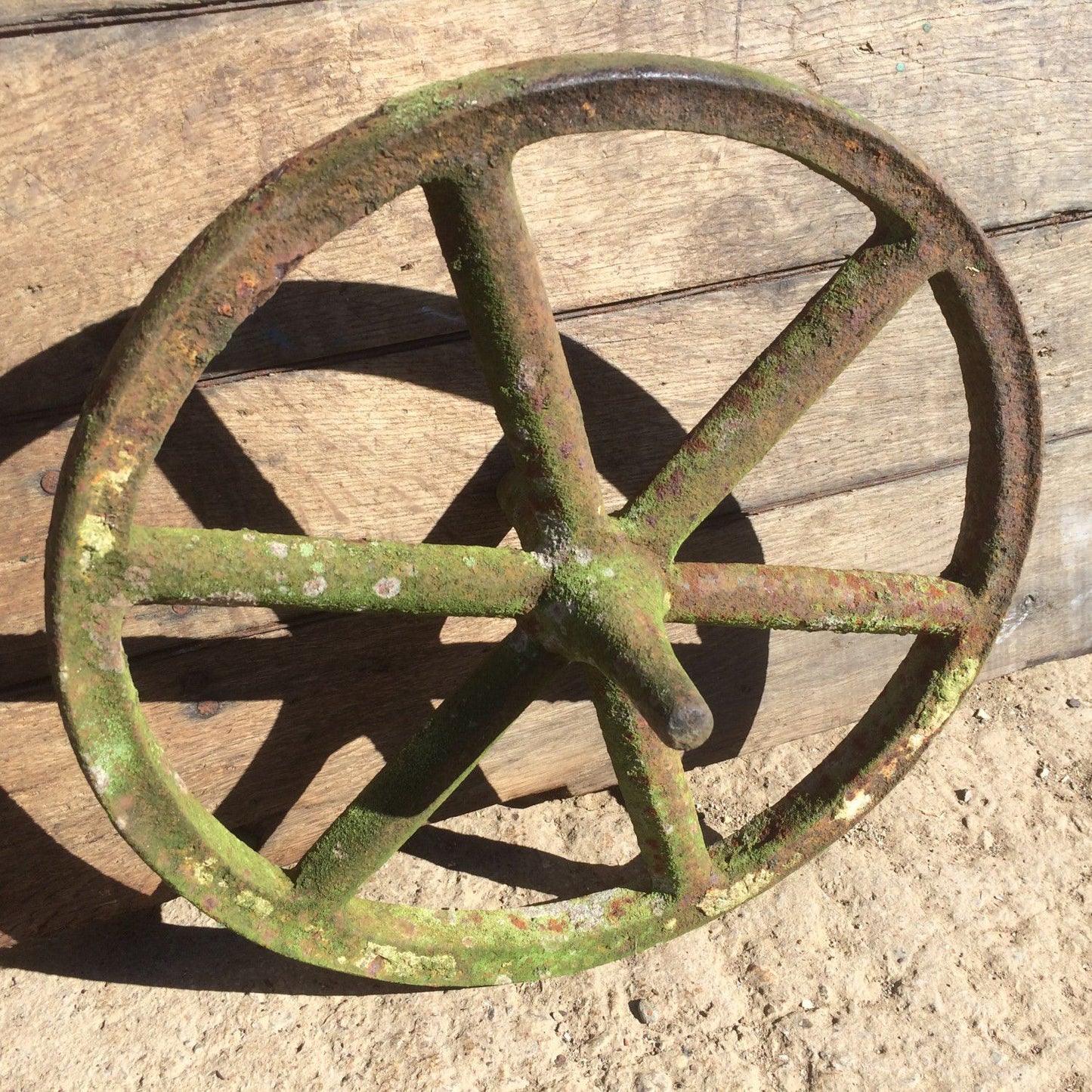 Old Early Victorian Cast Iron 6 Spoke Implement Wheelbarrow Wheel Ornament 14”