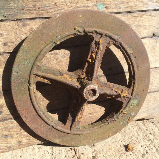 Old Reclaimed Cast Iron 4 Spoke Rusty Wheel Disk Ornament 20”